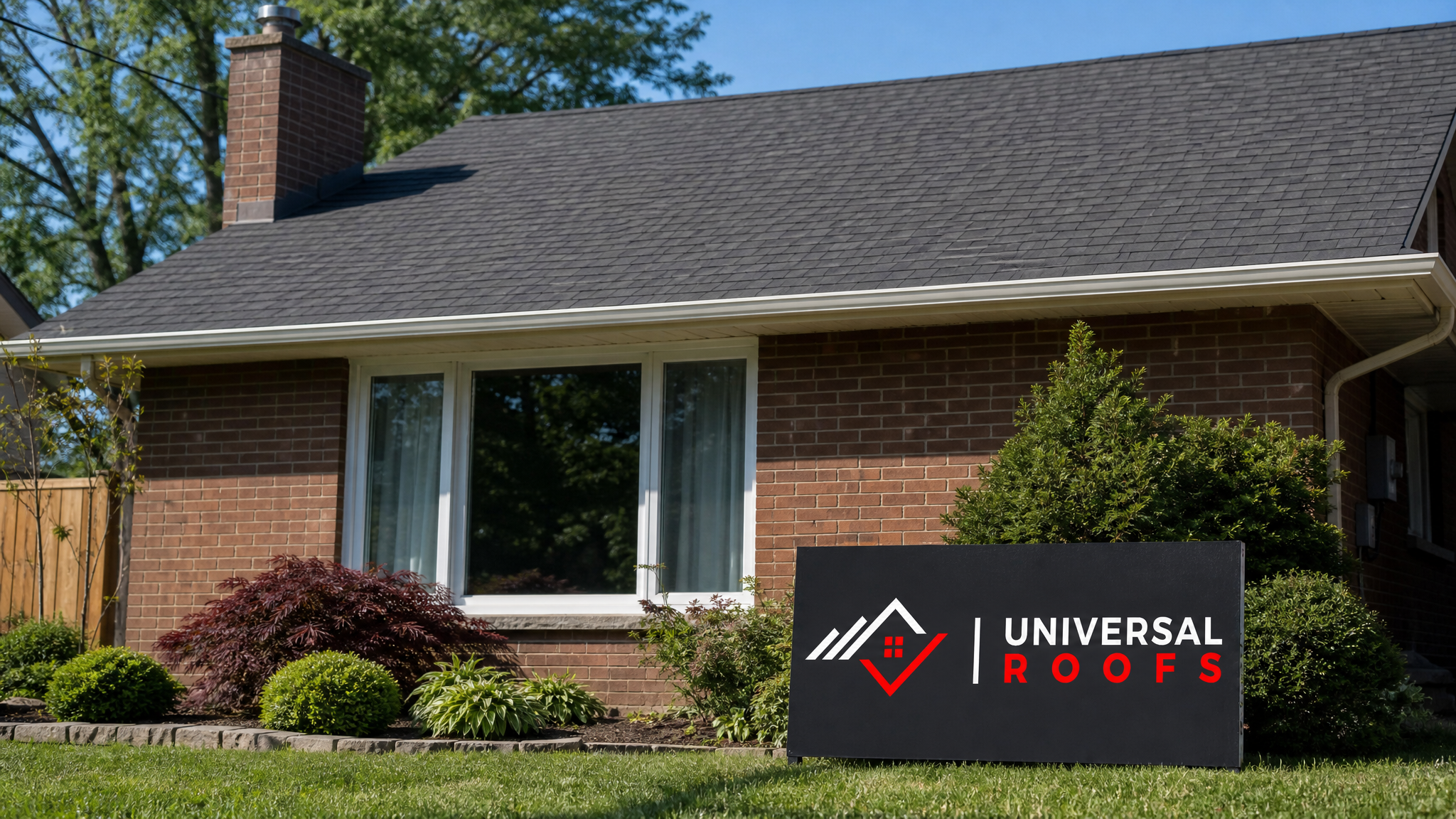Freshly repaired asphalt shingle roof on a Toronto home after hail damage repair, clear summer sky