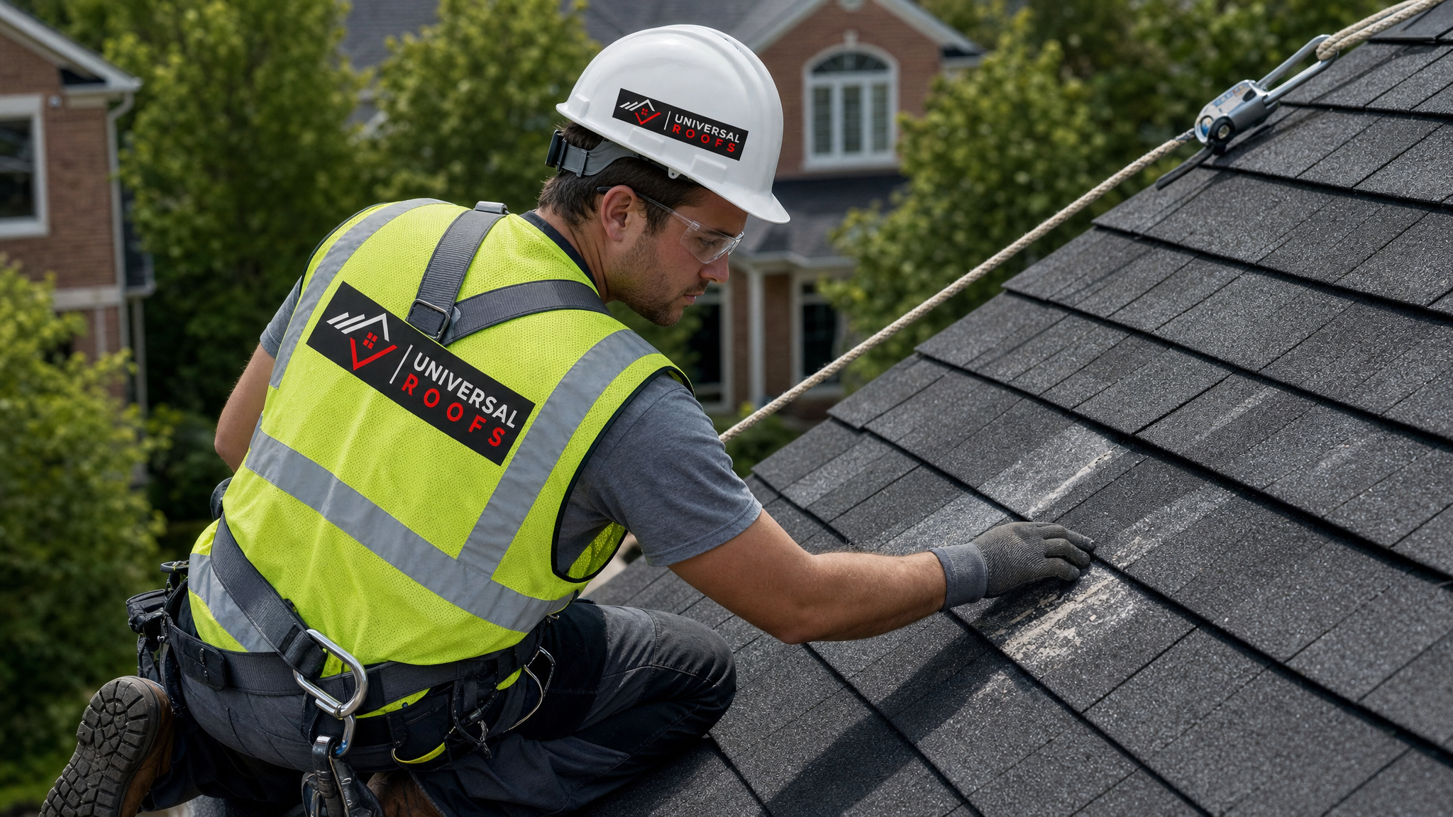 Roofer wearing full safety harness and PPE inspecting hail-damaged shingles on a steep residential roof in Toronto