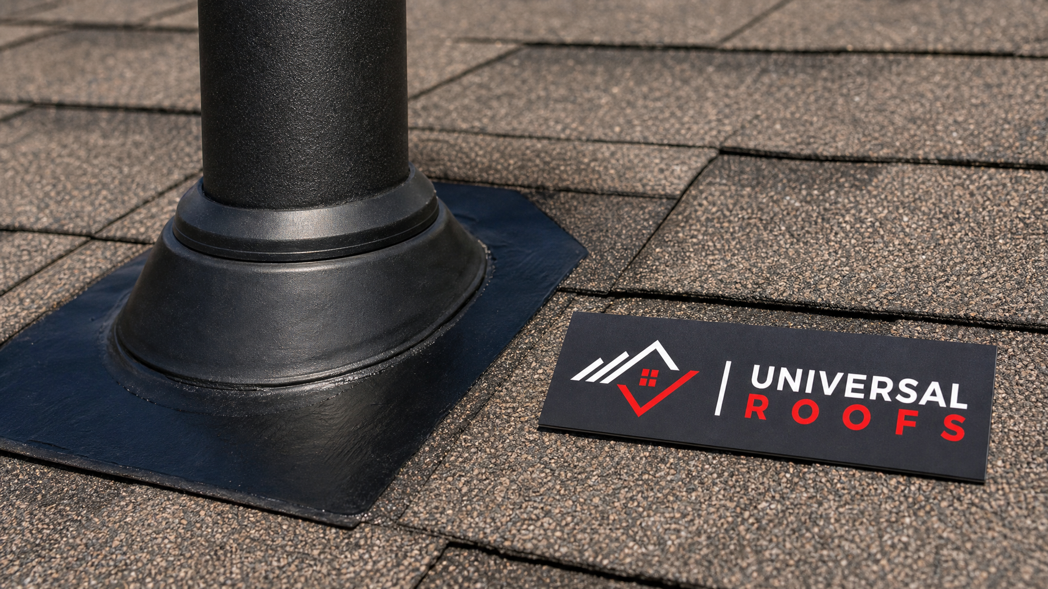 Close-up detail of overlapping ice and water shield membrane sealed around a roof vent pipe with metal flashing collar
