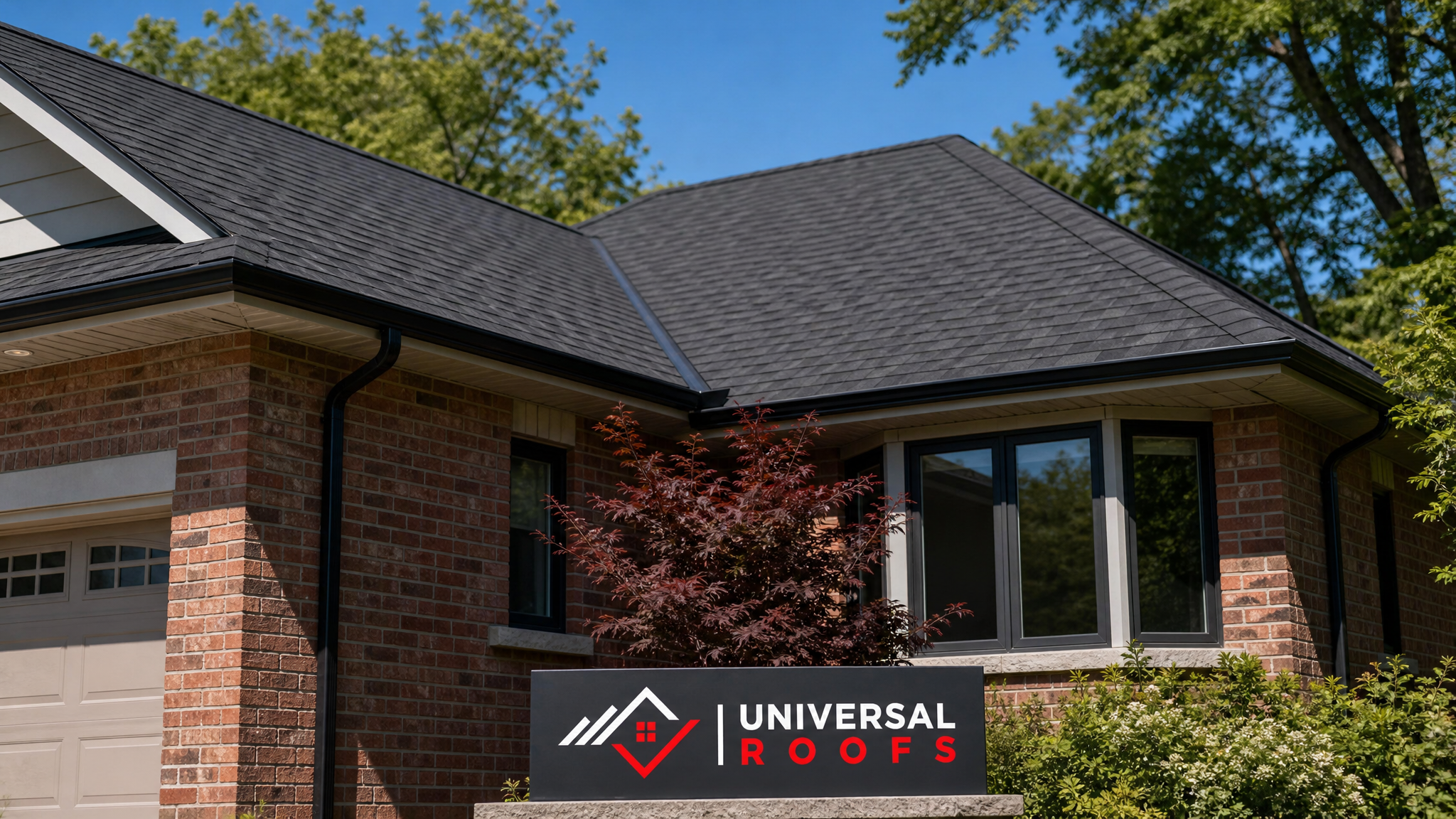 Finished waterproofed asphalt shingle roof on a Toronto home under clear summer daylight, showing clean shingle courses and sealed flashing lines