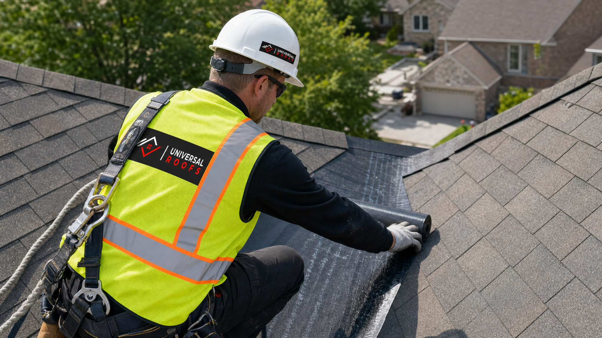 Roofer wearing full safety harness and PPE applying self-adhering ice and water membrane along a roof valley on a Toronto home