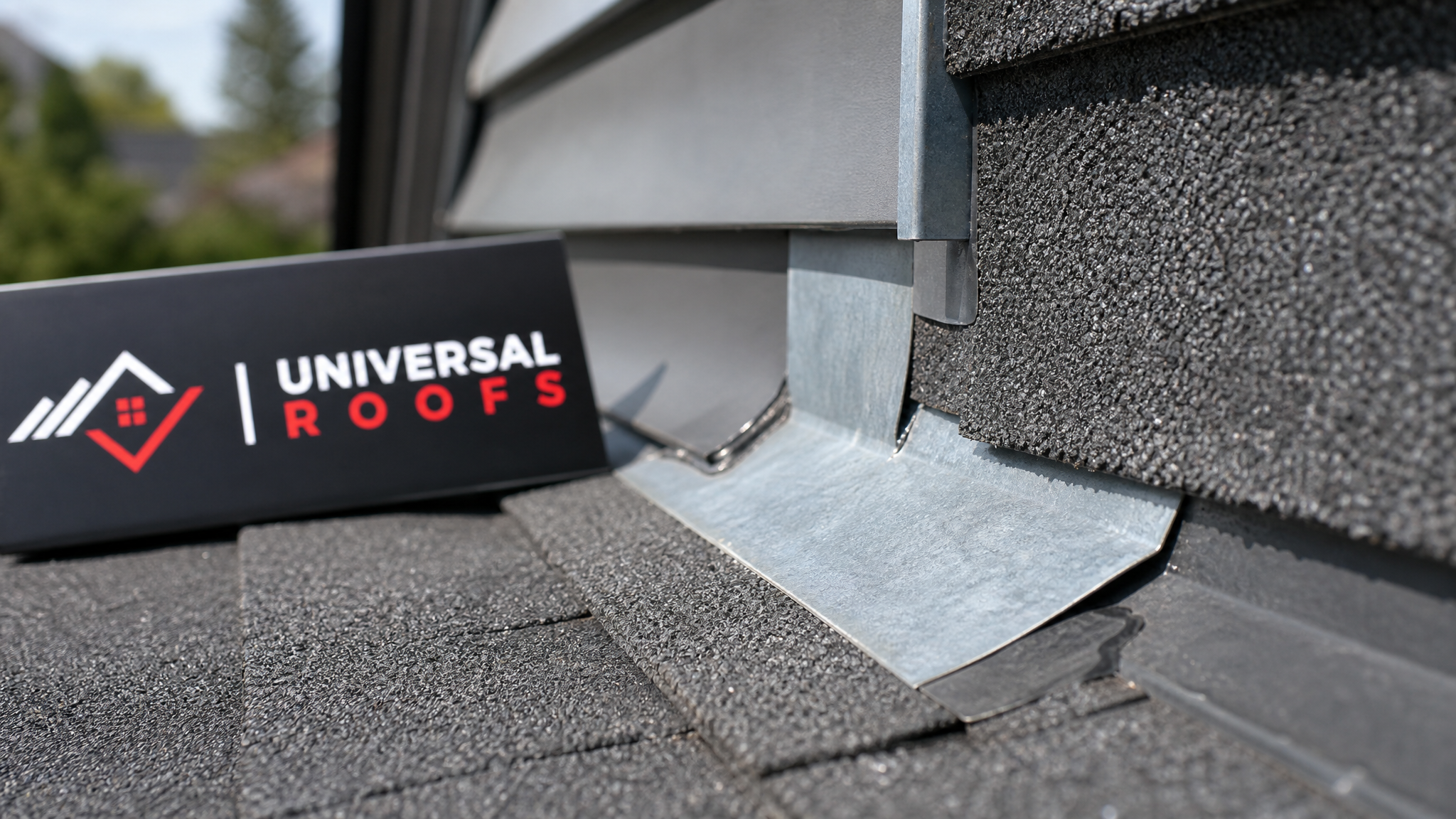 Close-up of overlapping metal step flashing pieces sealed against a shingle roof