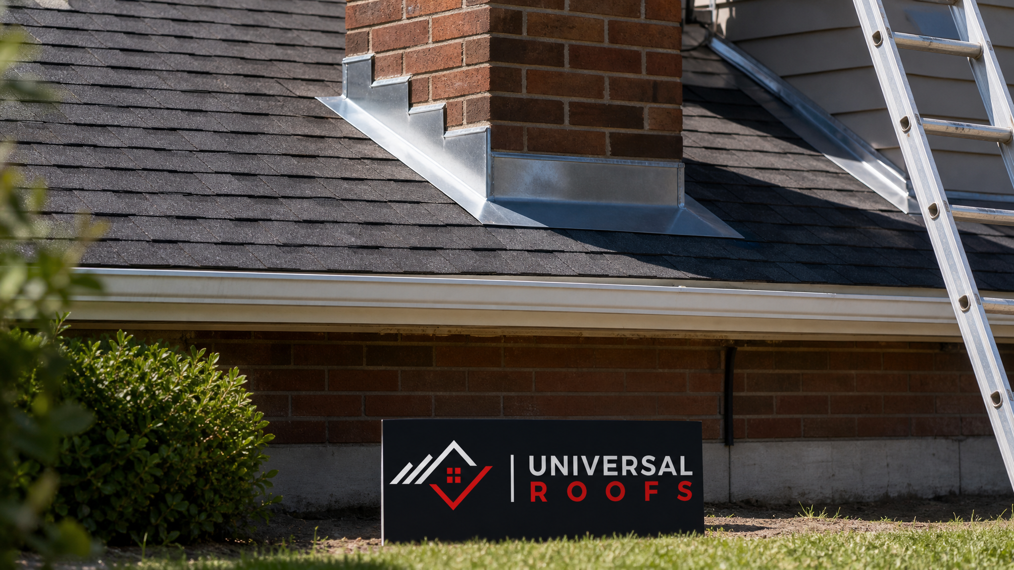 Newly installed metal roof flashing around a chimney on a Toronto home in summer daylight