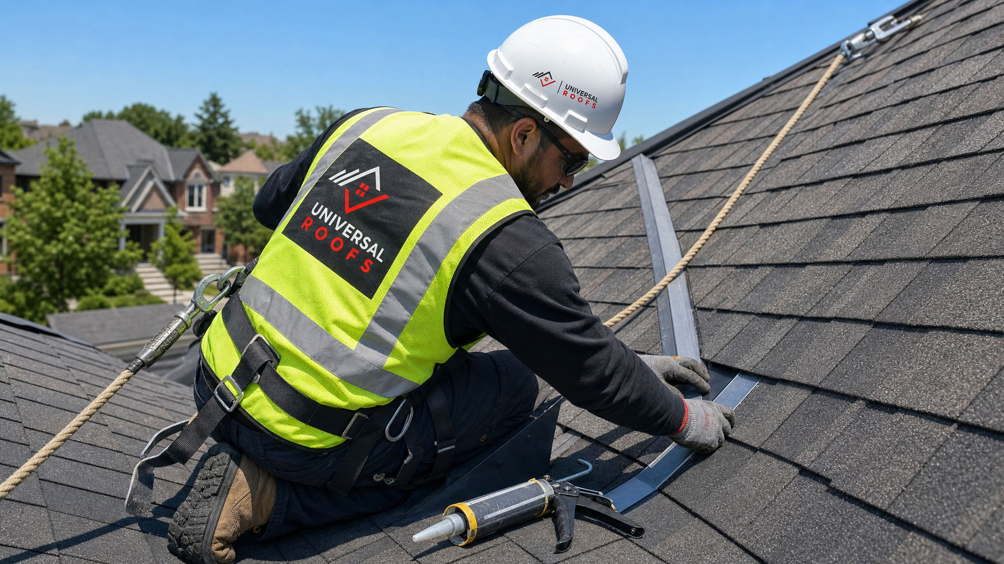 Roofer securing new step flashing along a roof valley while wearing full safety harness gear