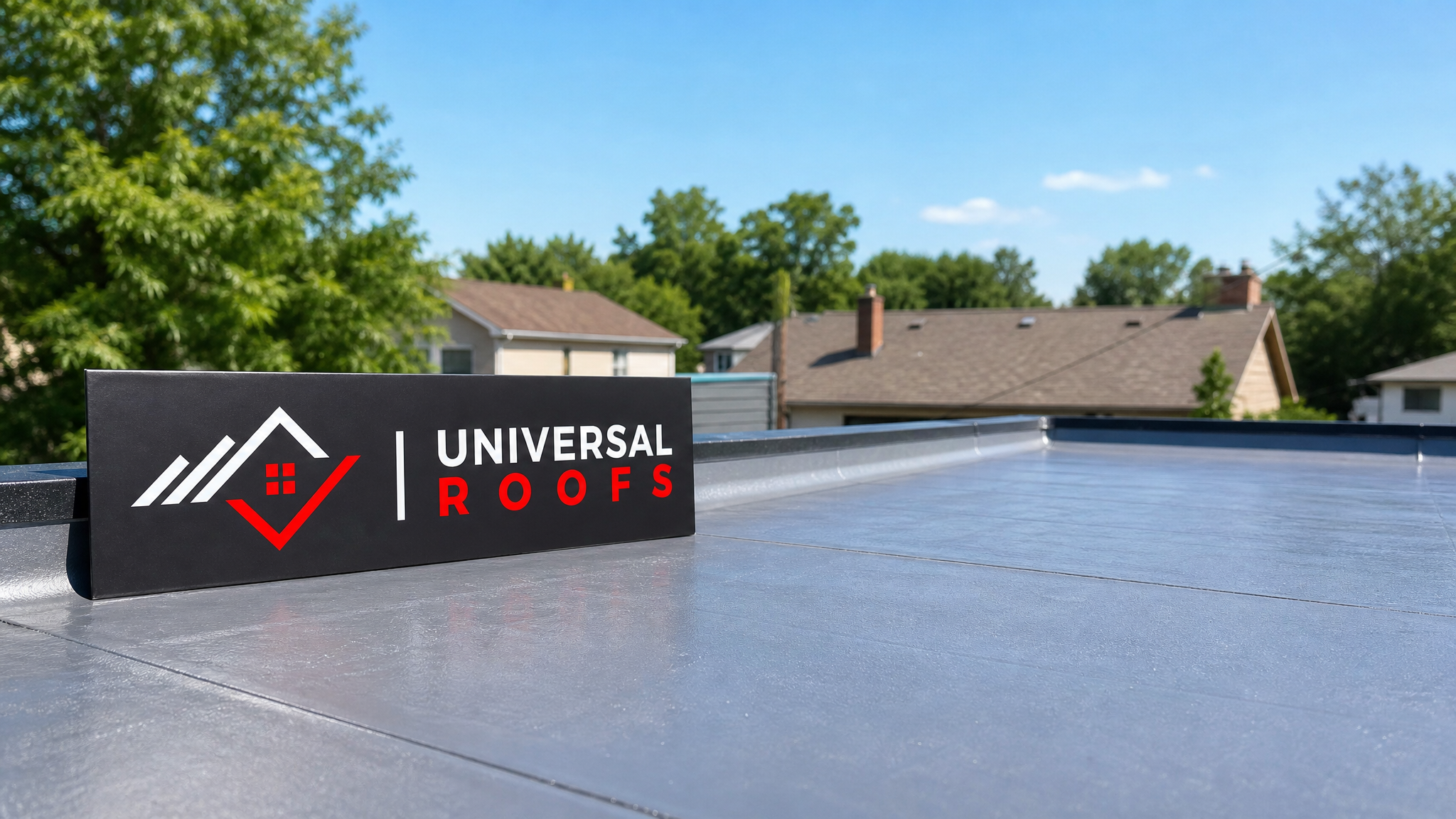 Freshly waterproofed low-slope roof on a Toronto home under summer daylight with a Universal Roofs branded sign placard resting nearby