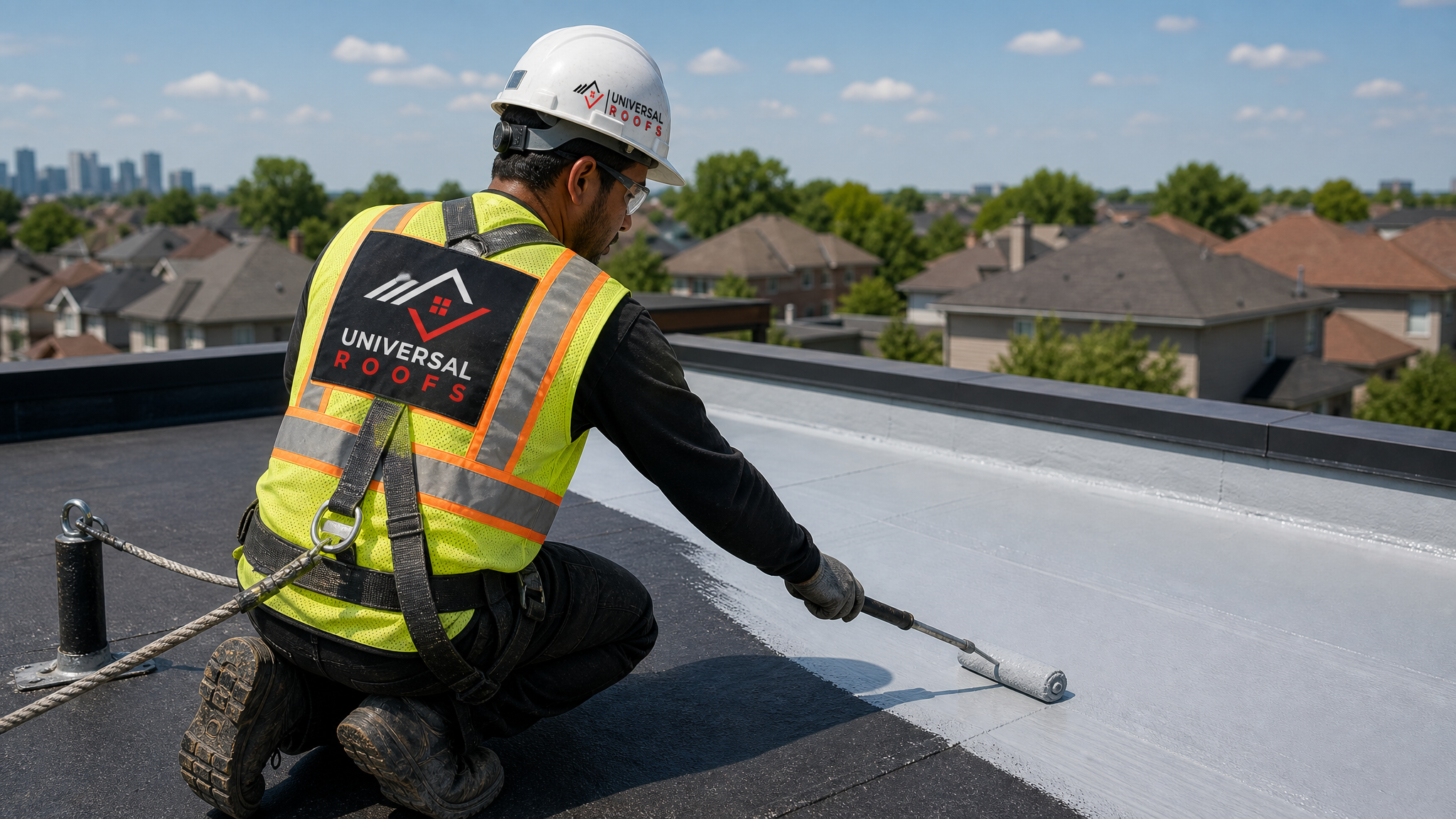 Roofing worker in full safety gear applying liquid waterproof membrane coating to a flat roof seam while secured with a fall-protection harness
