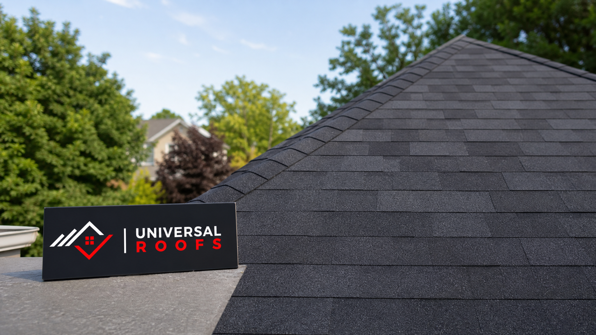 Freshly completed weatherproof roof patch on a Toronto-area asphalt shingle roof in summer daylight, with a Universal Roofs branded sign placard resting nearby
