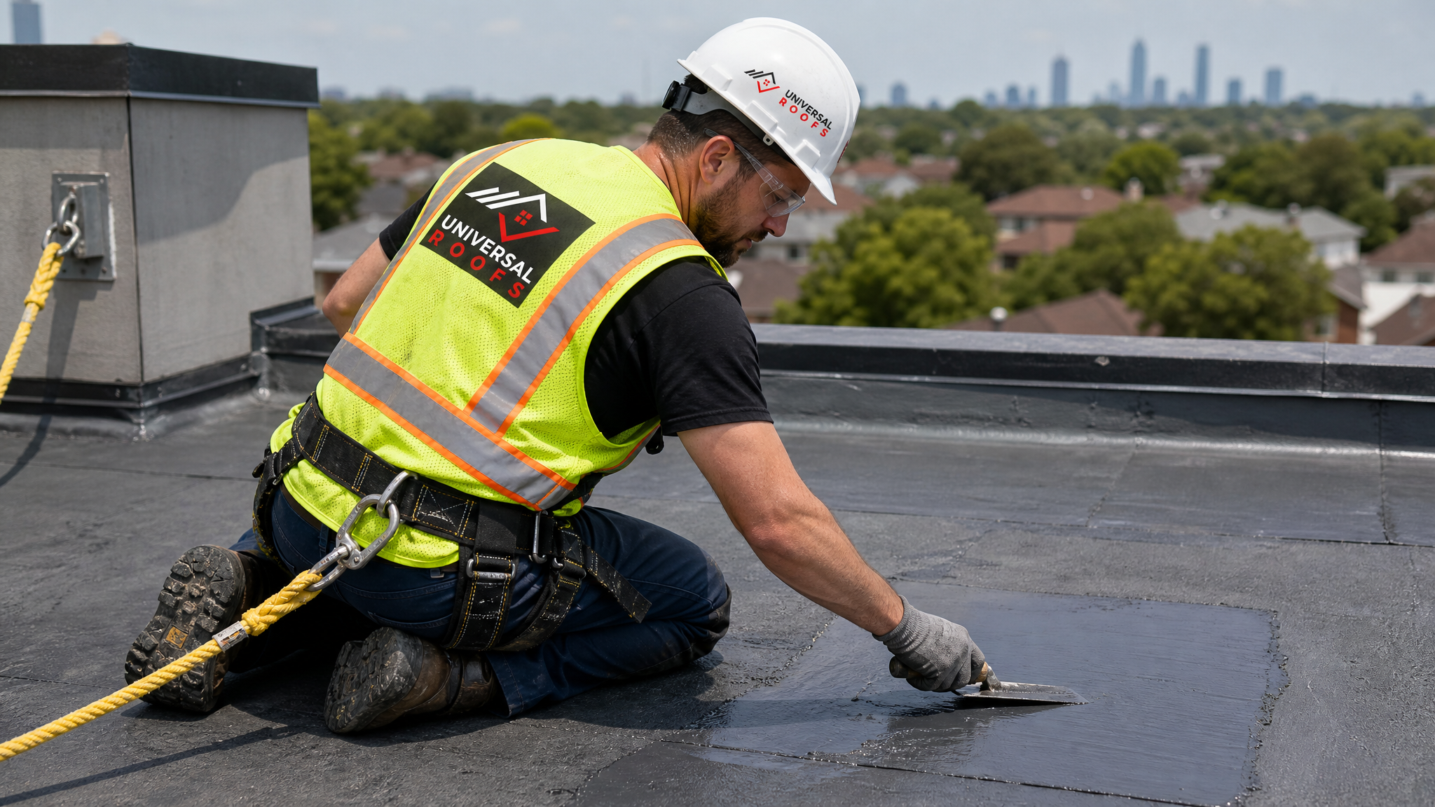 Roofer wearing full safety harness, hard hat, and hi-vis vest applying a weatherproof rubberized membrane patch on a flat roof section in the GTA