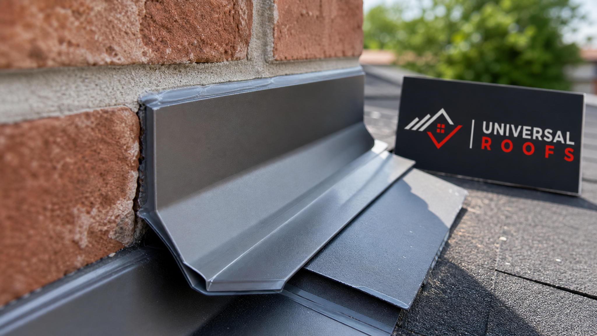 Close-up of new counter-flashing reglet and sealant bead installed against brick masonry