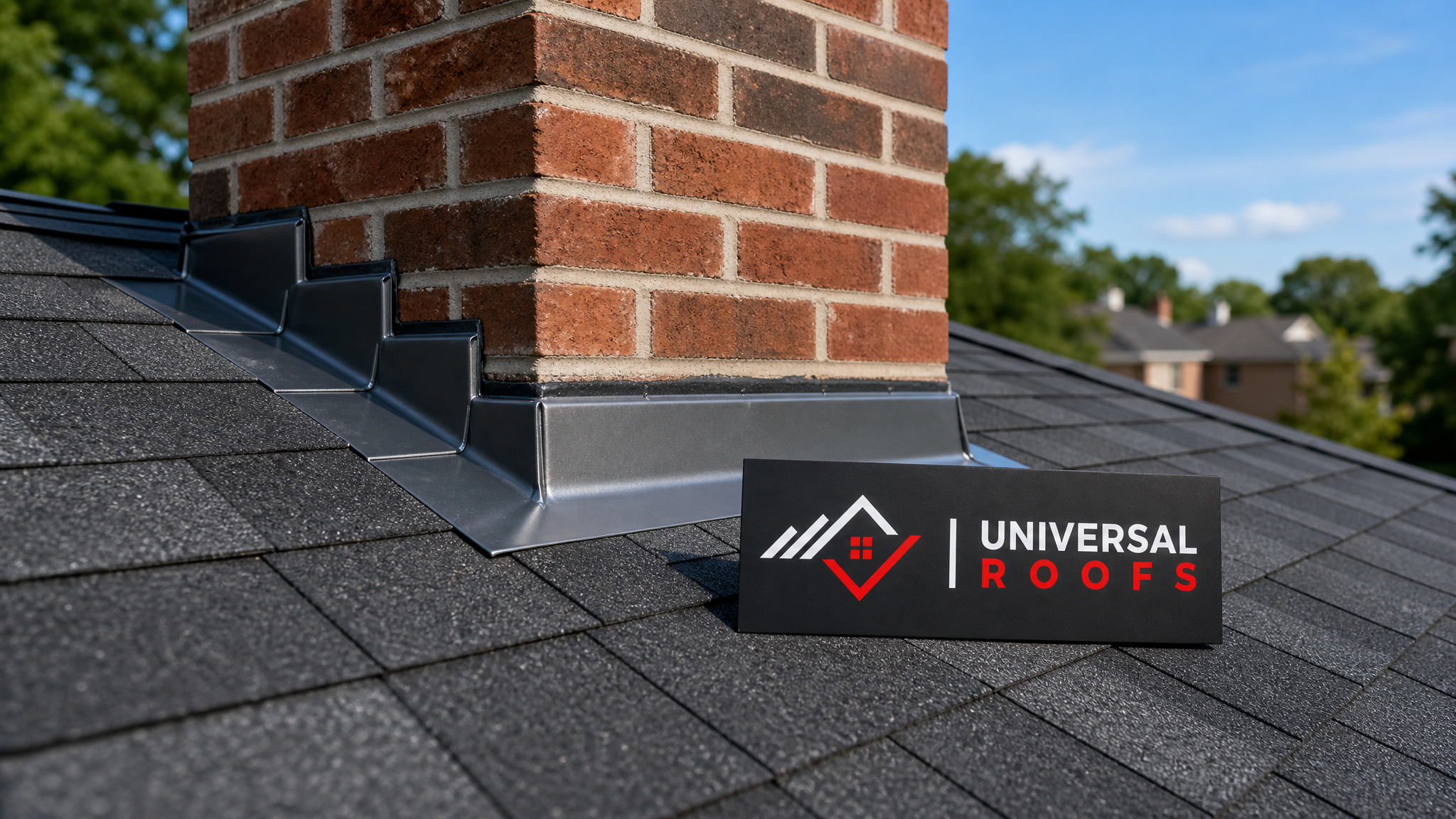 Newly repaired residential roof flashing around a brick chimney on a Toronto home in summer daylight