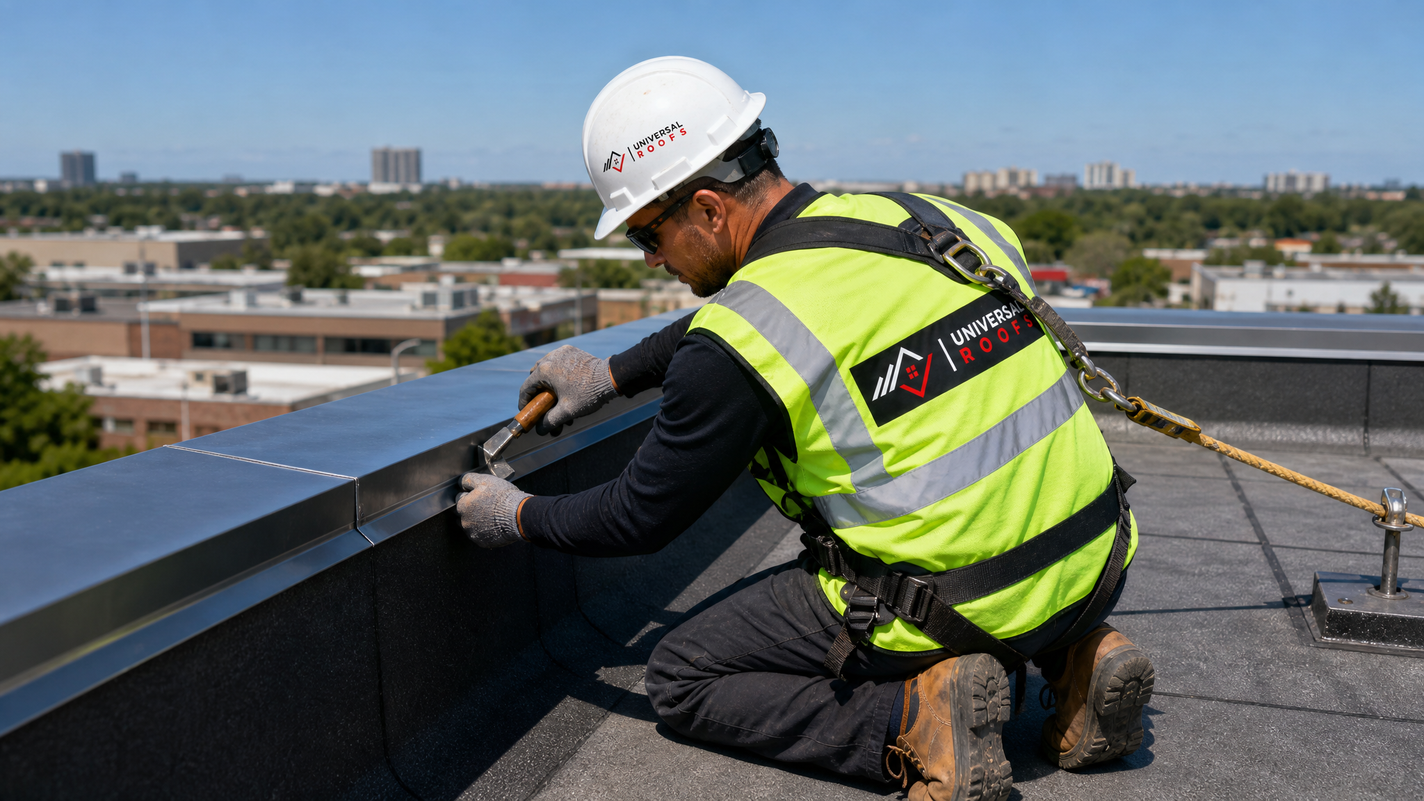 Roofer wearing full safety harness repairing parapet wall flashing on a commercial flat roof in Toronto