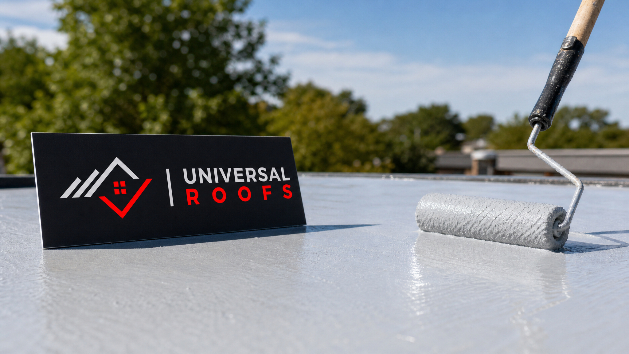 Close-up of reflective roof coating being applied over a sustainable roofing material sample