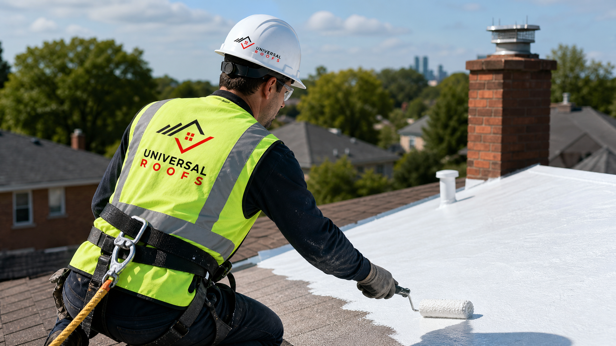Roofer in full safety gear applying an eco-friendly reflective coating to a residential roof in Toronto