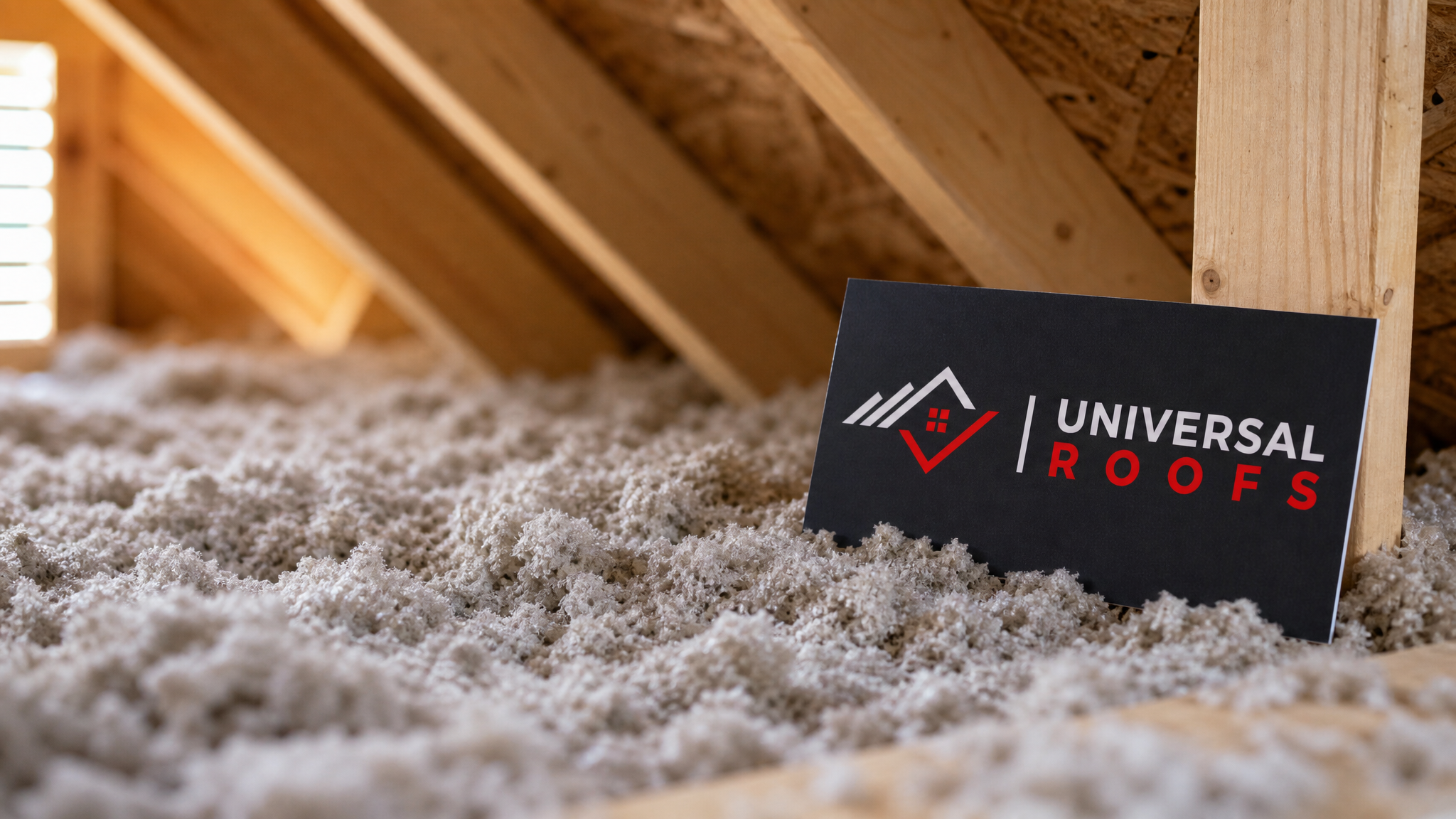Close-up of blown-in insulation material against roof decking with a small Universal Roofs sign placard nearby