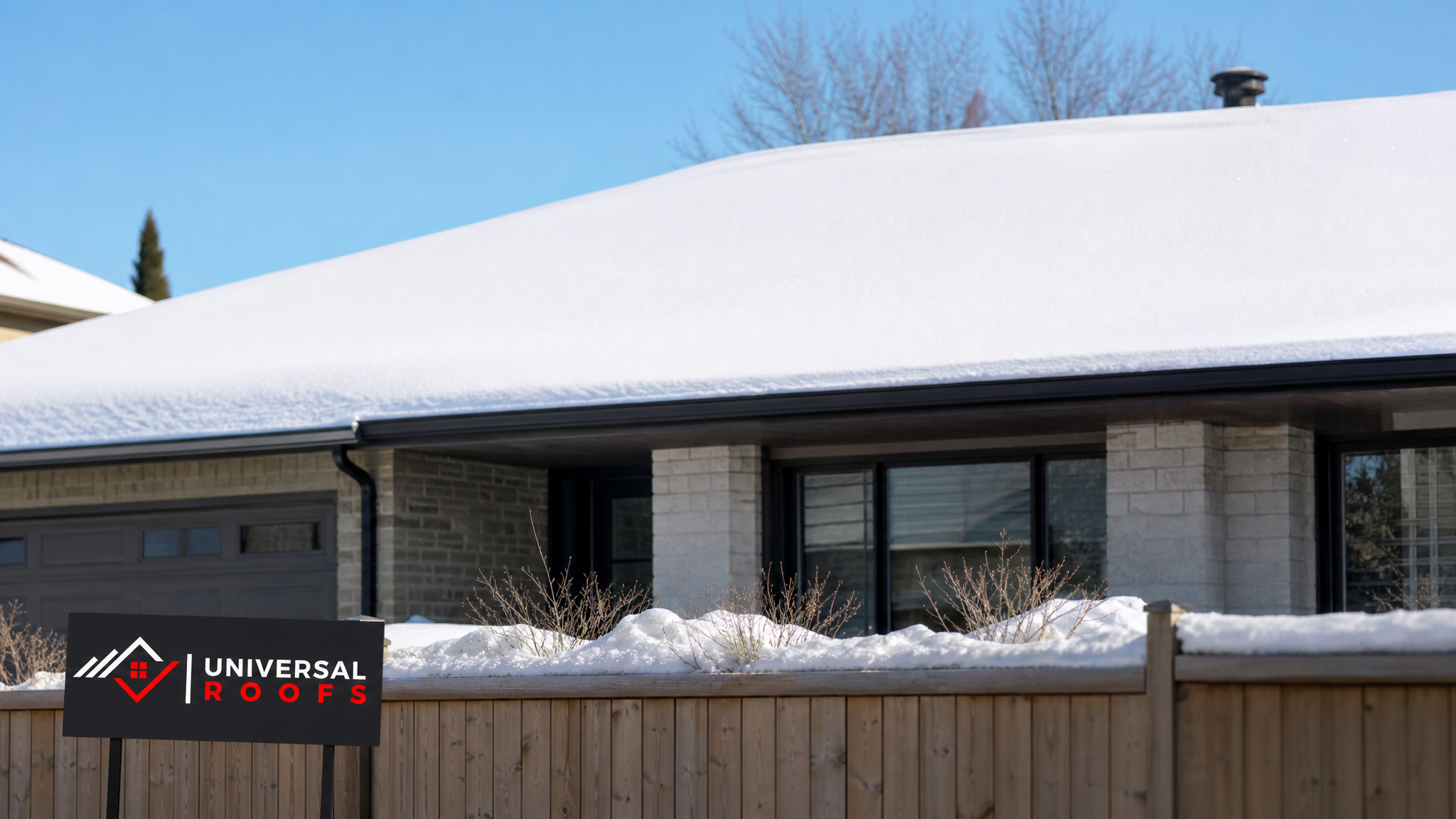 Exterior view of a Toronto home roof in winter showing even snow coverage from proper roof insulation, with a small Universal Roofs sign placard