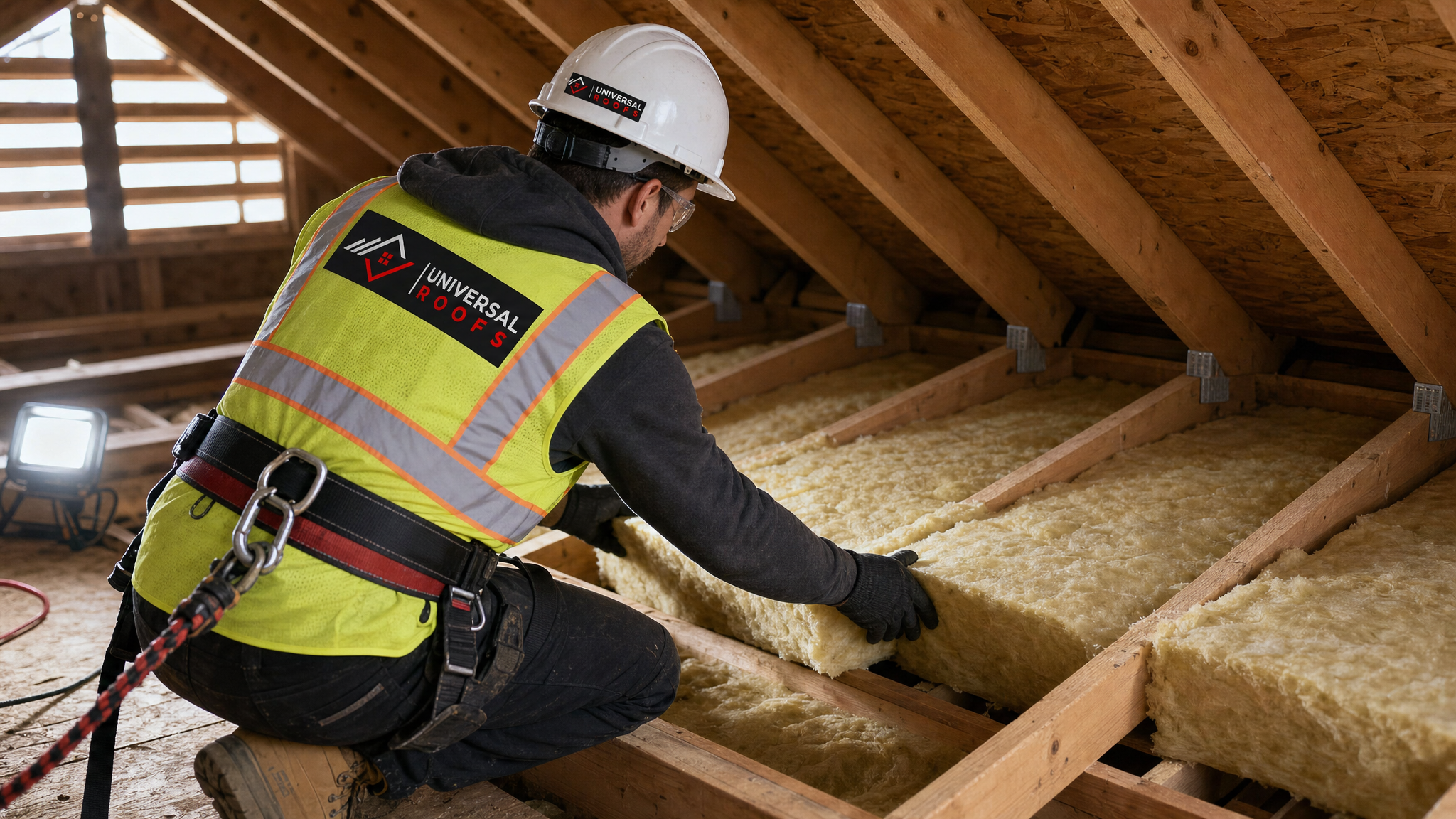 Technician wearing full safety gear installing attic insulation batts near the roof deck of a Toronto home