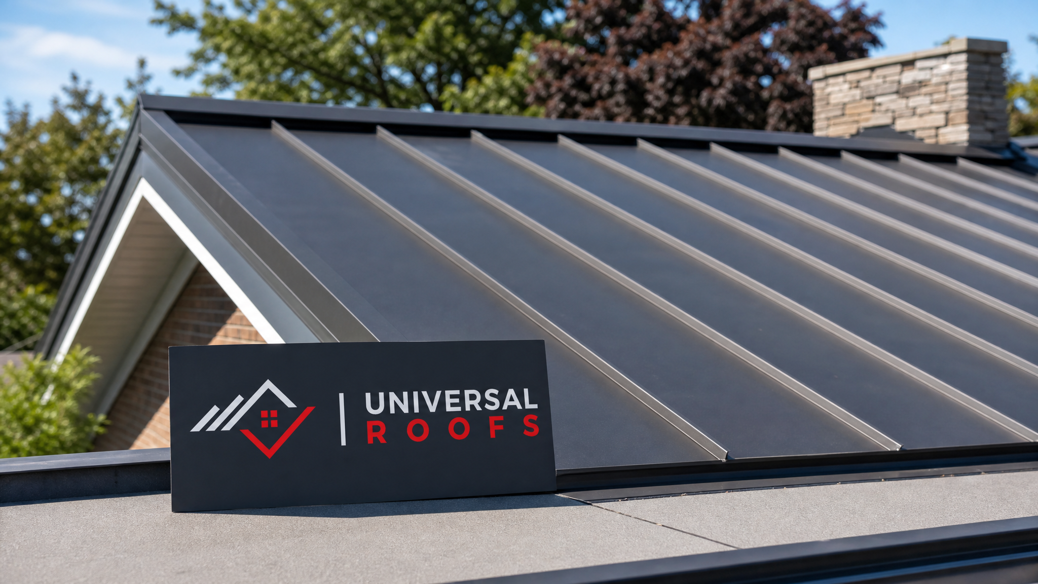 Freshly repaired standing seam metal roof on a Toronto-area home under clear summer daylight