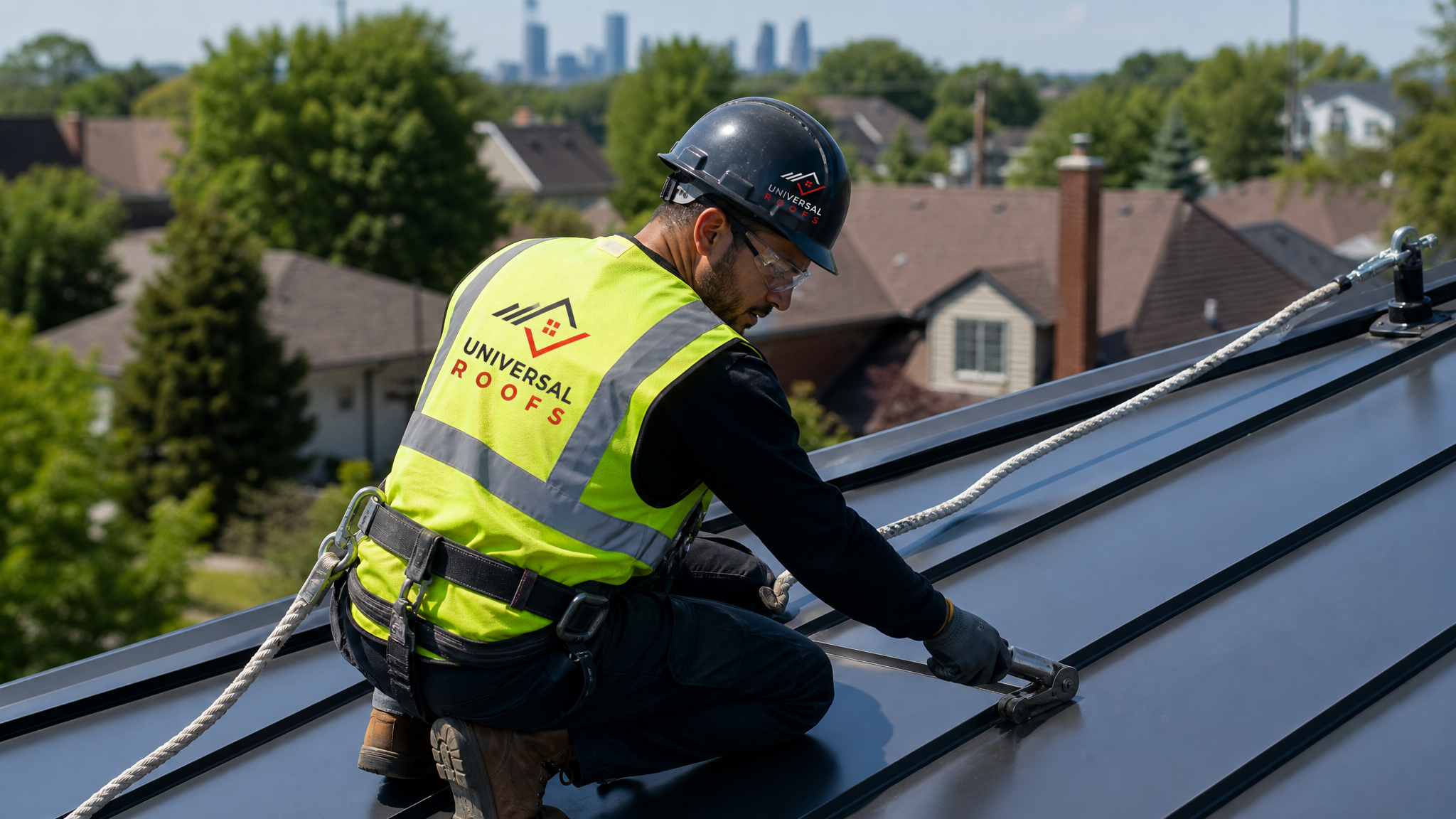 Roofer wearing full safety harness repairing standing seam metal roof panel on a Toronto home