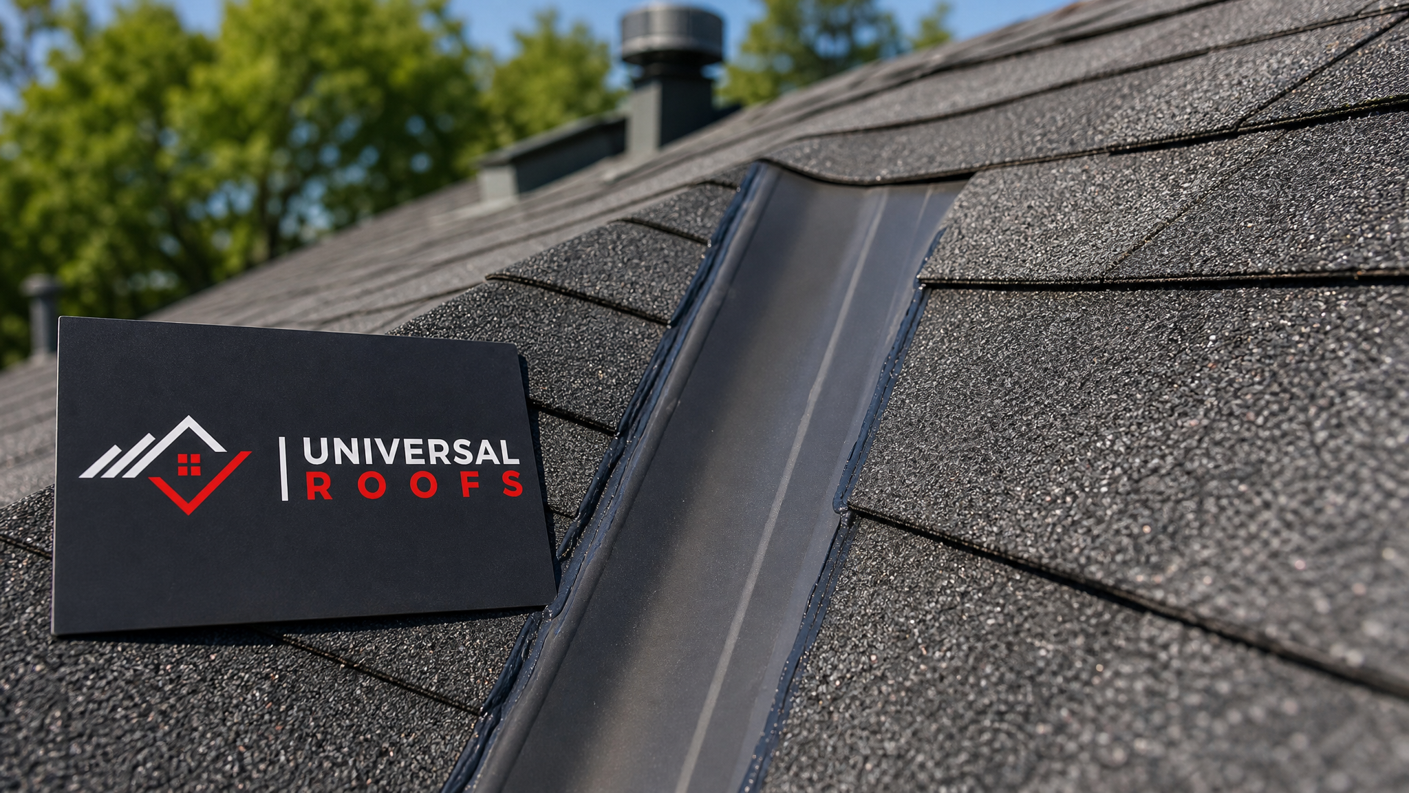 Close-up of new asphalt shingles and sealed flashing on a repaired roof section with a small branded sign placard resting beside the repair