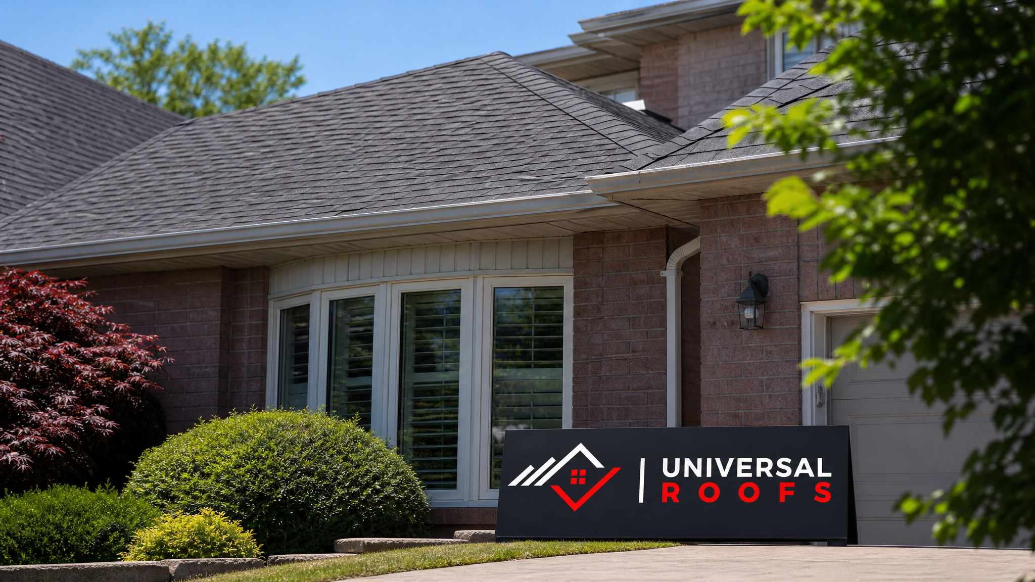 A repaired residential roof in a Toronto suburb on a sunny summer day with new shingles matching the surrounding roofline
