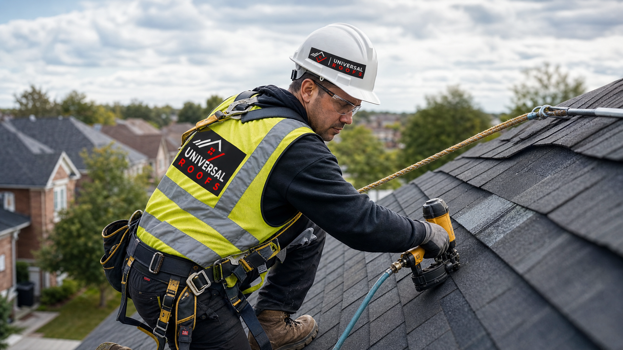 A roofer wearing a hard hat, hi-vis vest, safety glasses, gloves and a fall-protection harness securing new shingles during an emergency repair on a residential roof in daylight