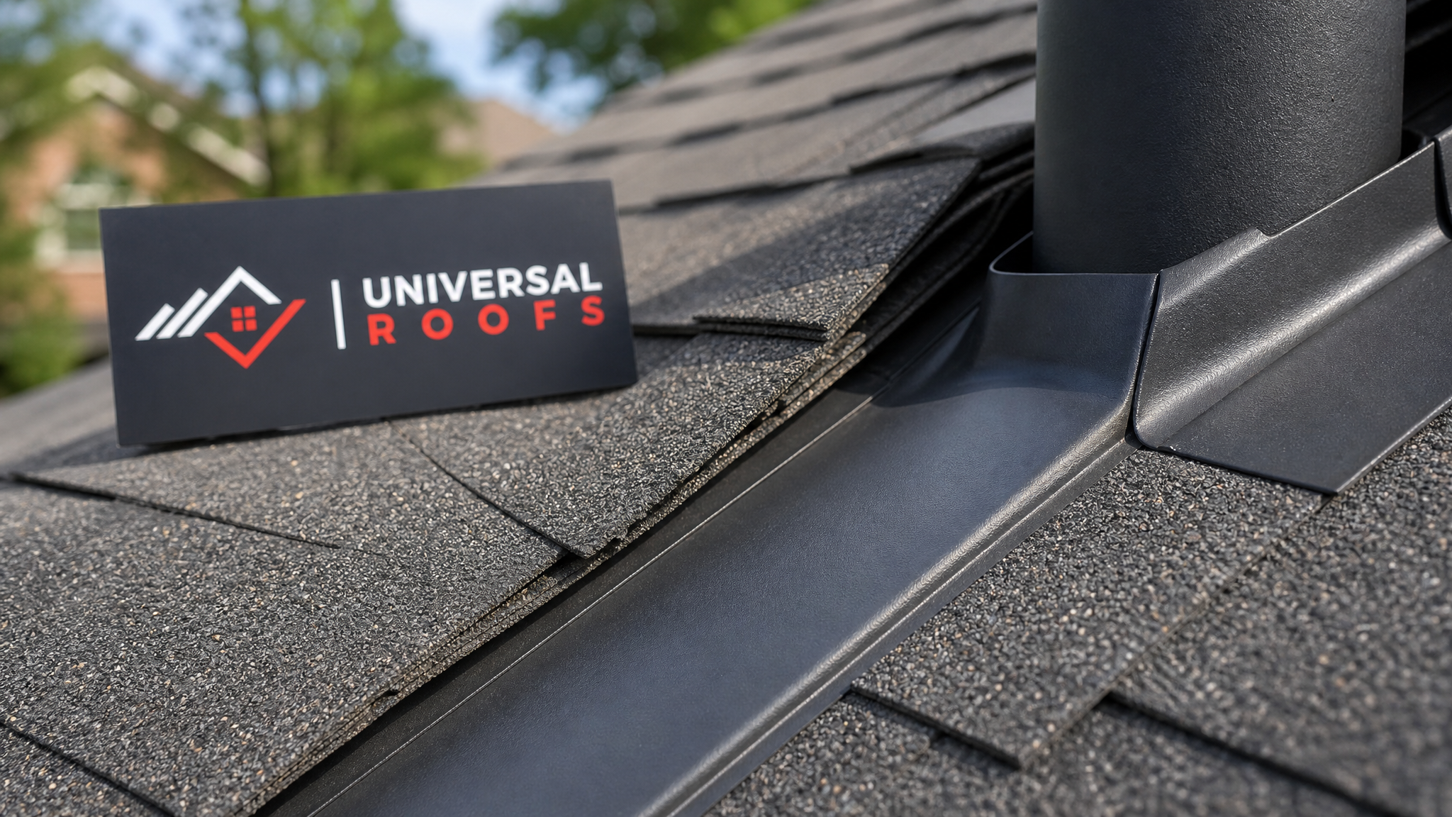 Close-up of asphalt shingle flashing and granule detail during a roof maintenance inspection with a Universal Roofs branded sign placard