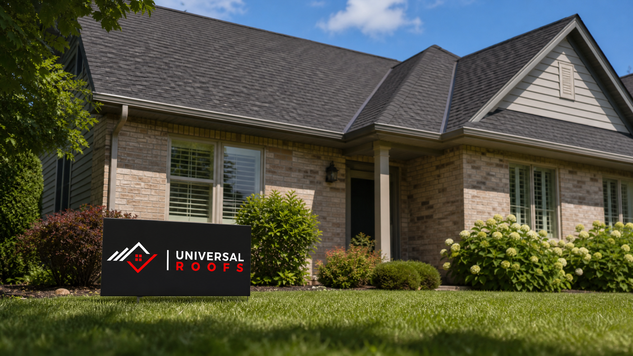 Well-maintained asphalt shingle roof on a Toronto home under clear summer skies with a Universal Roofs sign placard nearby