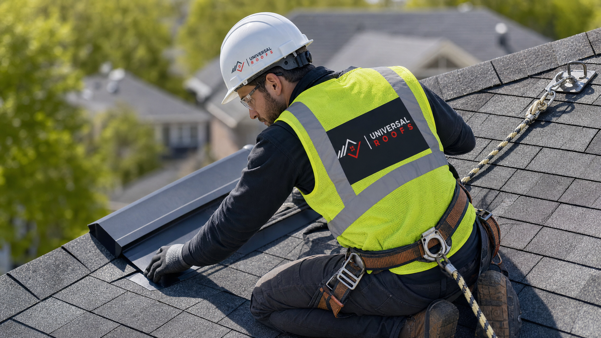 Roofer in full safety harness and PPE performing a maintenance inspection on a residential shingle roof in Toronto
