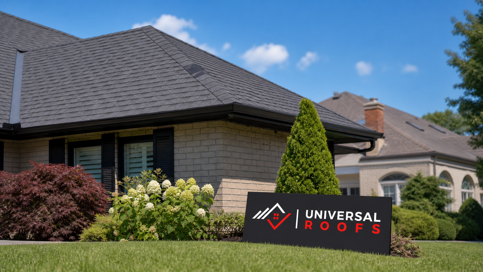 Finished roof patch repair on a Toronto home shingle roof in summer daylight with a Universal Roofs sign placard nearby
