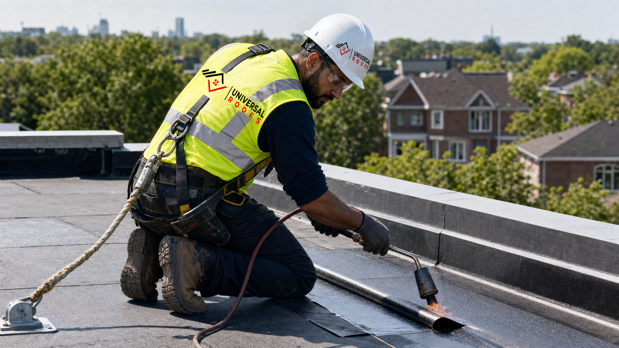 Roofer wearing full safety harness applying a modified bitumen patch to a flat roof section on a Toronto home in summer