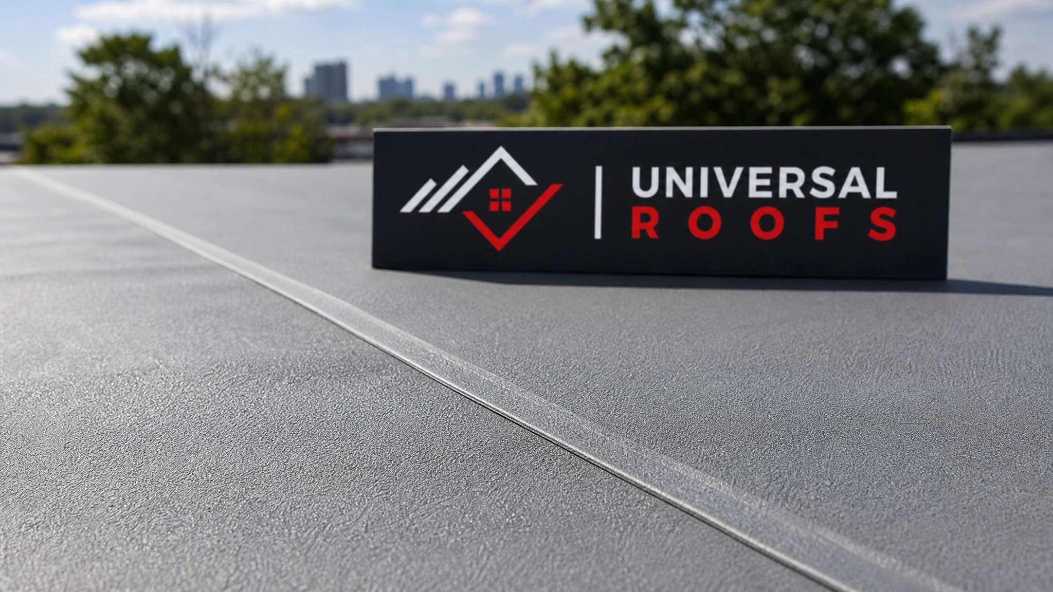 Close-up of a newly welded TPO membrane seam on a flat roof with a branded sign placard visible in the background