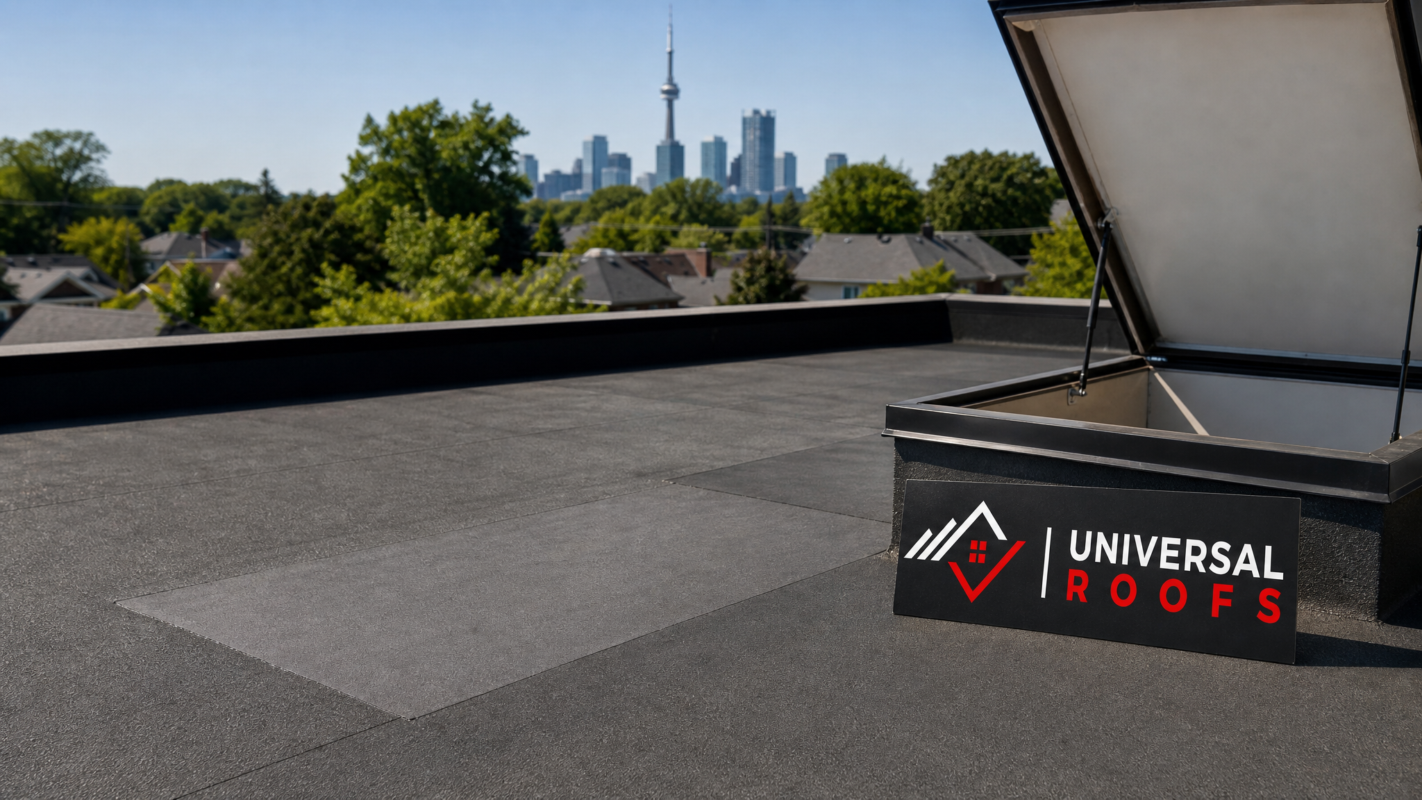 Freshly repaired flat commercial roof in Toronto with smooth membrane patch under clear summer sky and a branded sign placard nearby