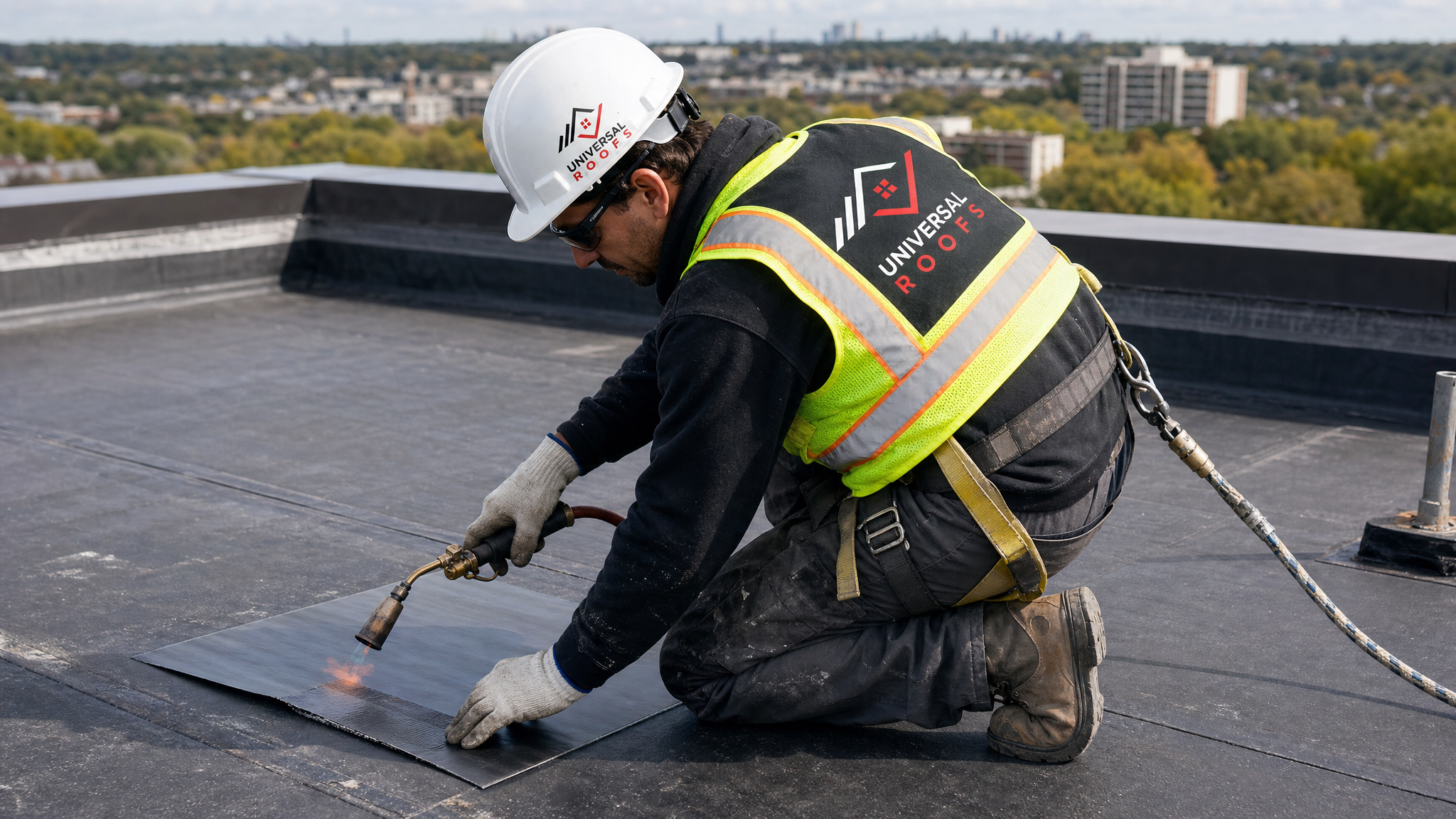 Roofer wearing hard hat, hi-vis vest, safety glasses and harness applying a membrane patch to a flat roof seam in daylight