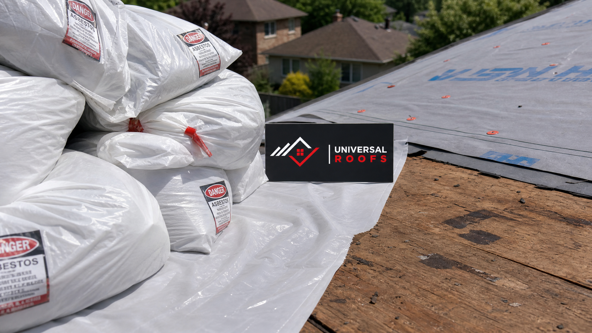 Close-up of double-bagged asbestos roofing waste labelled for disposal beside newly installed roofing underlayment, with a Universal Roofs branded sign placard