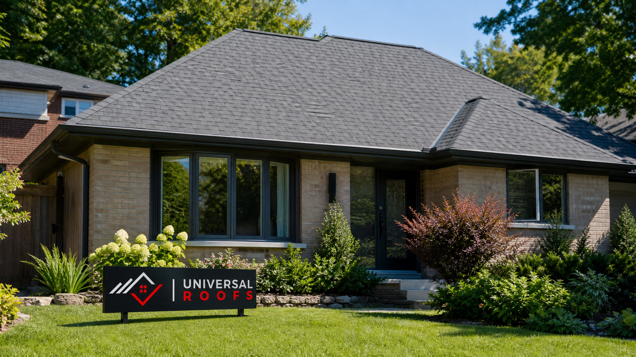 Newly replaced asphalt shingle roof on a GTA home after asbestos roof removal, shown in summer daylight with a Universal Roofs sign placard nearby
