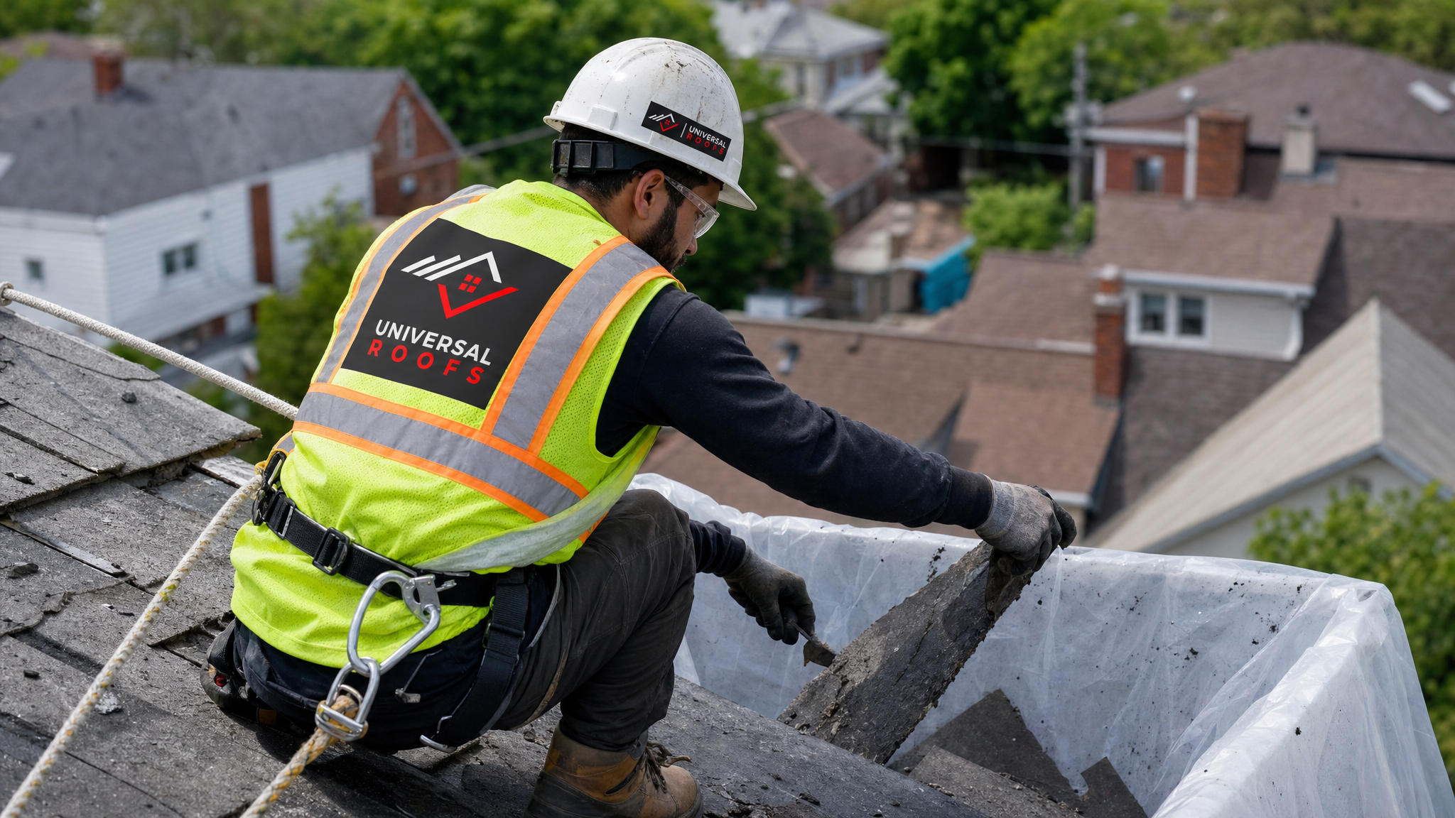 Roofing worker in full safety gear wetting and removing asbestos-cement shingles from a residential roof in Toronto