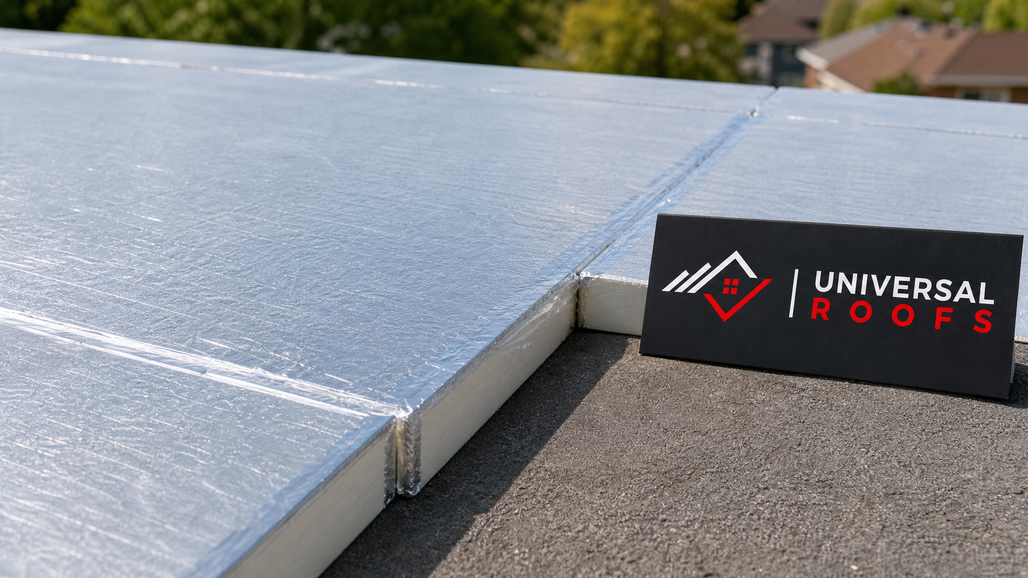Close-up of rigid foam insulation board seams taped and sealed at a roof deck edge in Toronto