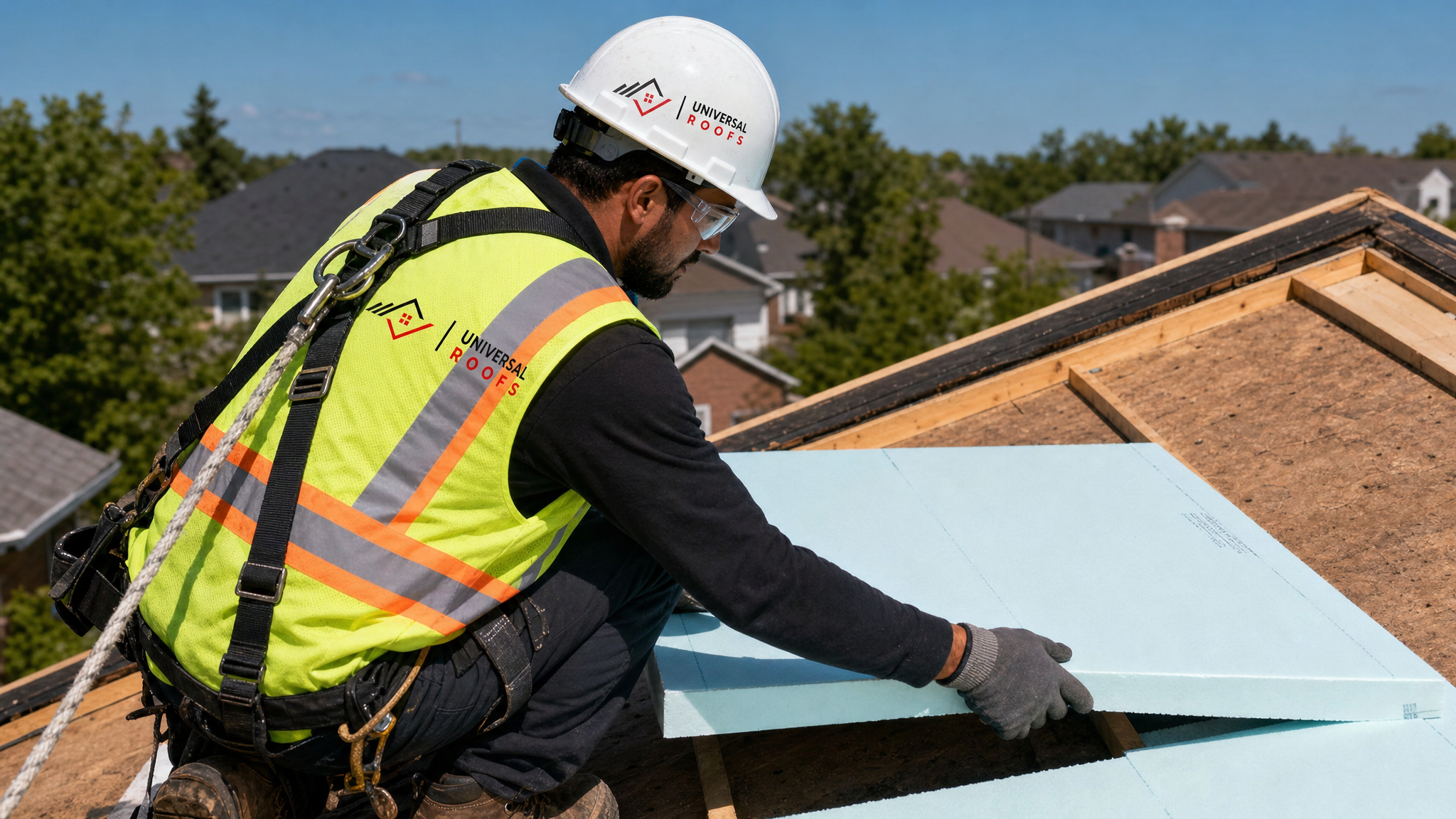 Roofing technician wearing full safety harness and PPE installing rigid insulation board on an exposed roof deck in Toronto
