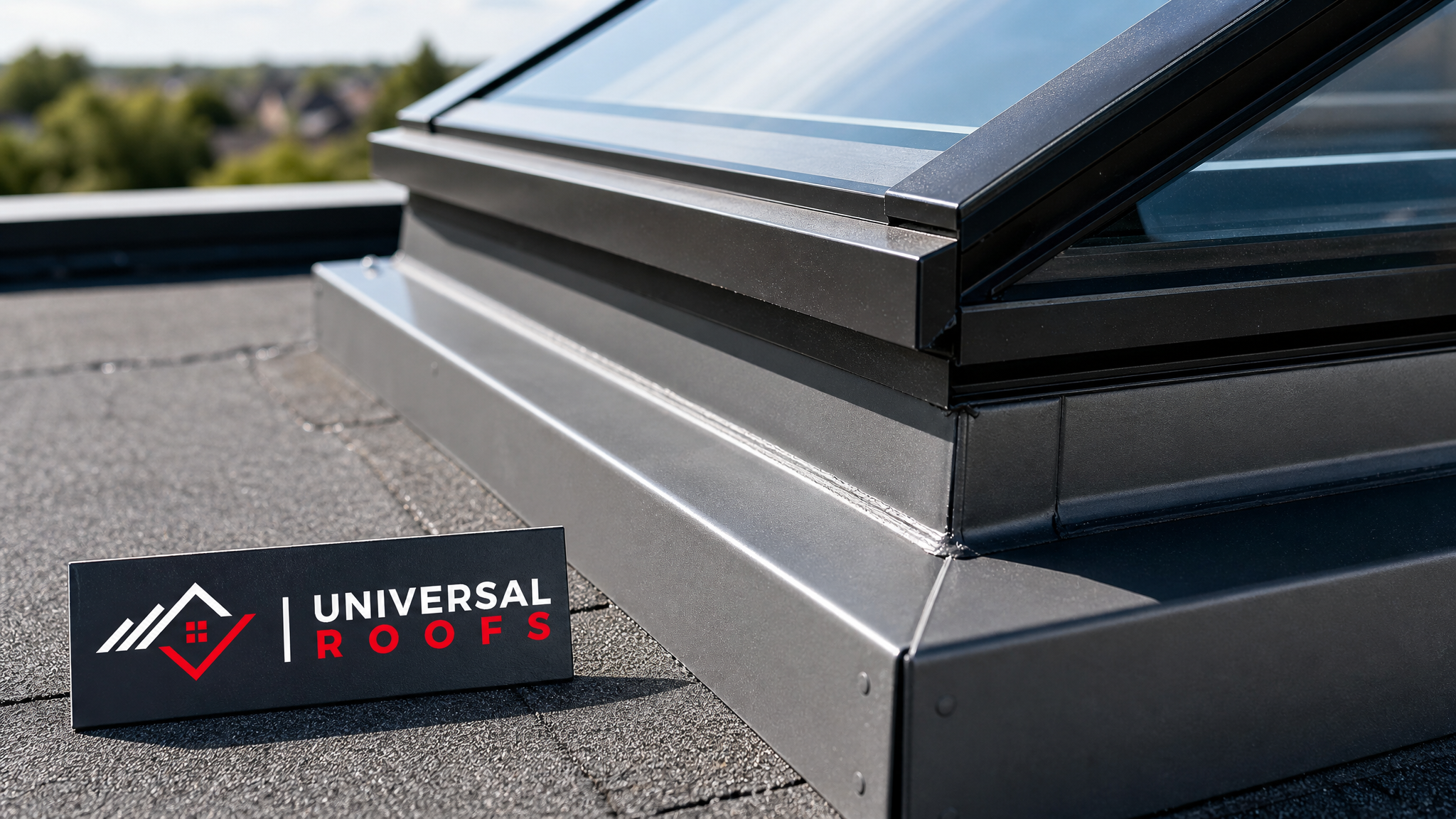 Close-up detail of new low-E glass skylight glazing and fresh corrosion-resistant flashing seam on a roof curb