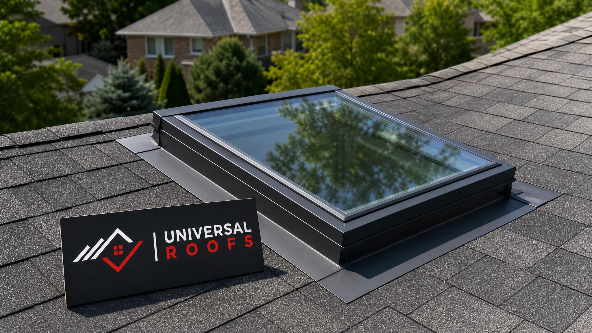 A modern replacement skylight with clear double-glazed glass installed on a Toronto home roof on a sunny summer day