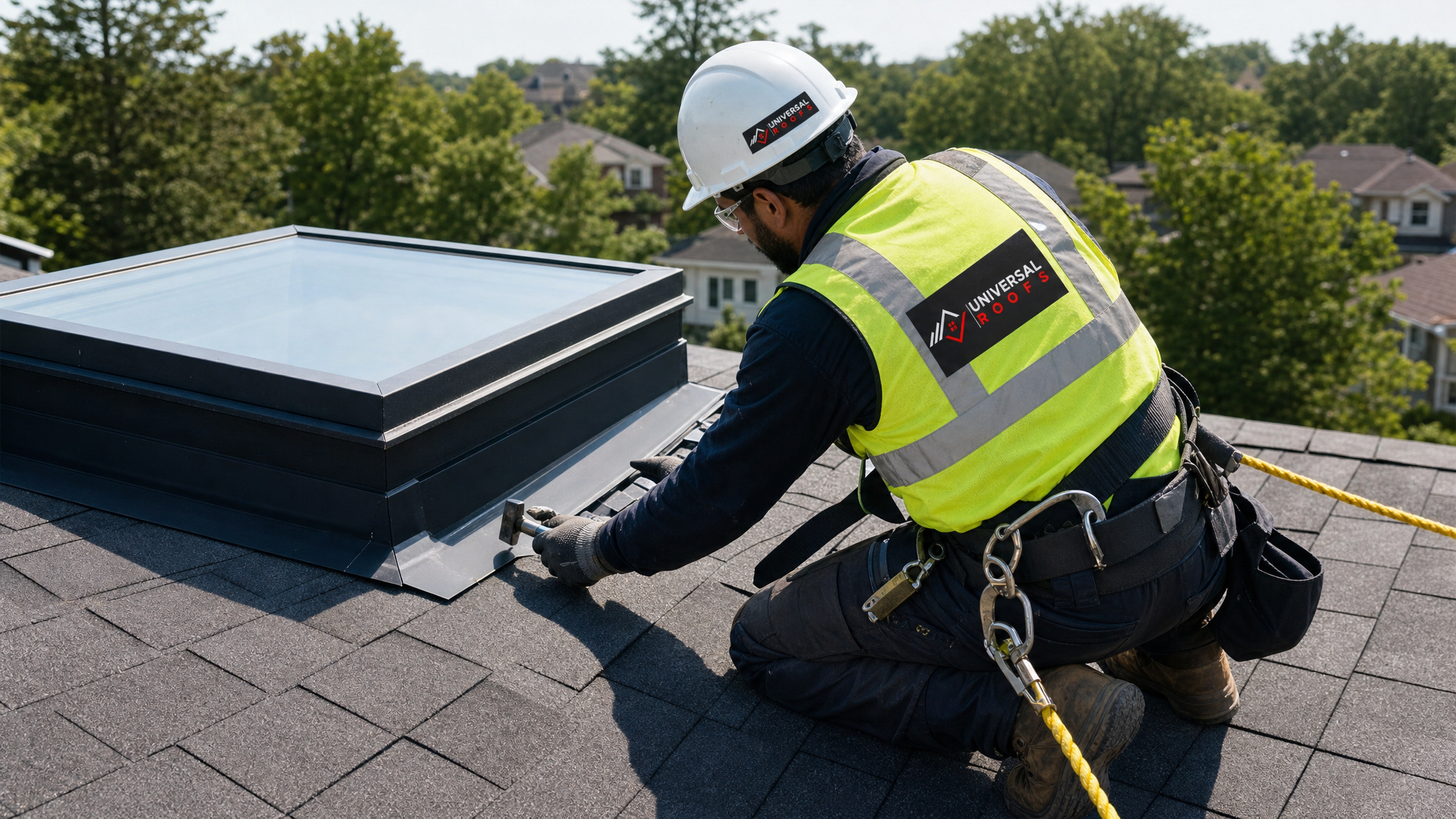 A roofer wearing full safety harness and PPE carefully replacing flashing around a skylight curb on a residential roof