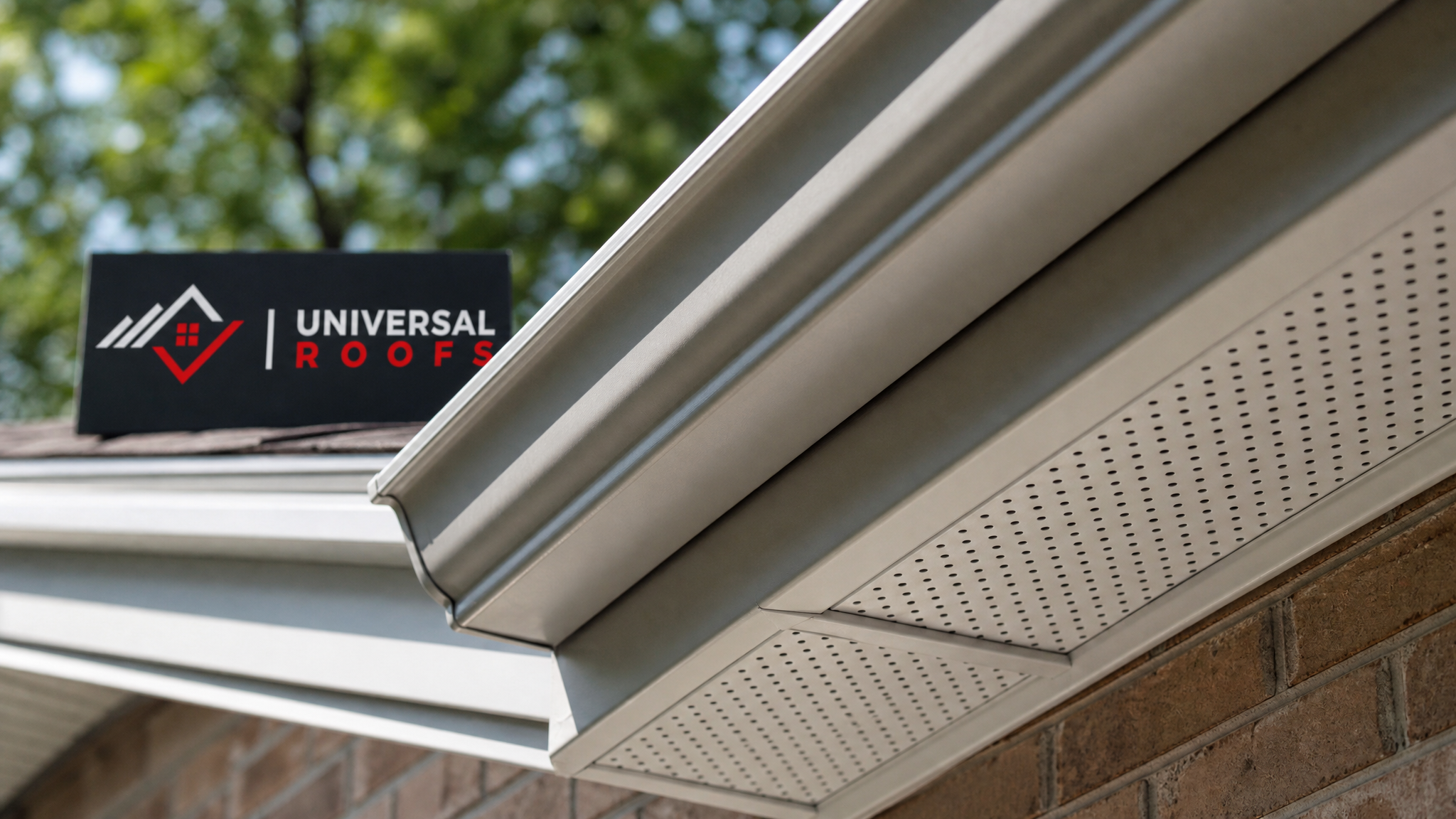Close-up of white perforated aluminum soffit venting alongside aluminum-wrapped fascia board on a Toronto home