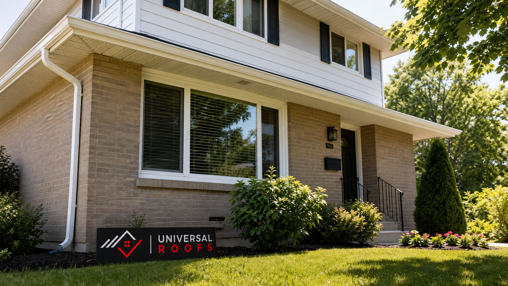 Freshly installed white vented aluminum soffit and matching fascia along the eaves of a Toronto two-storey home in summer daylight