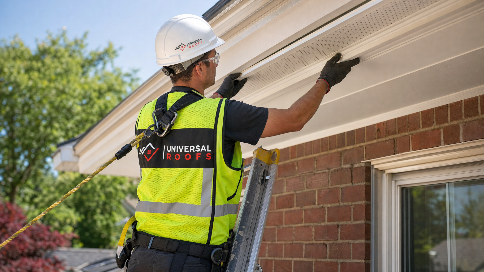 Roofing worker on a ladder installing vented aluminum soffit panels under the eaves while wearing full safety gear and a fall-protection harness