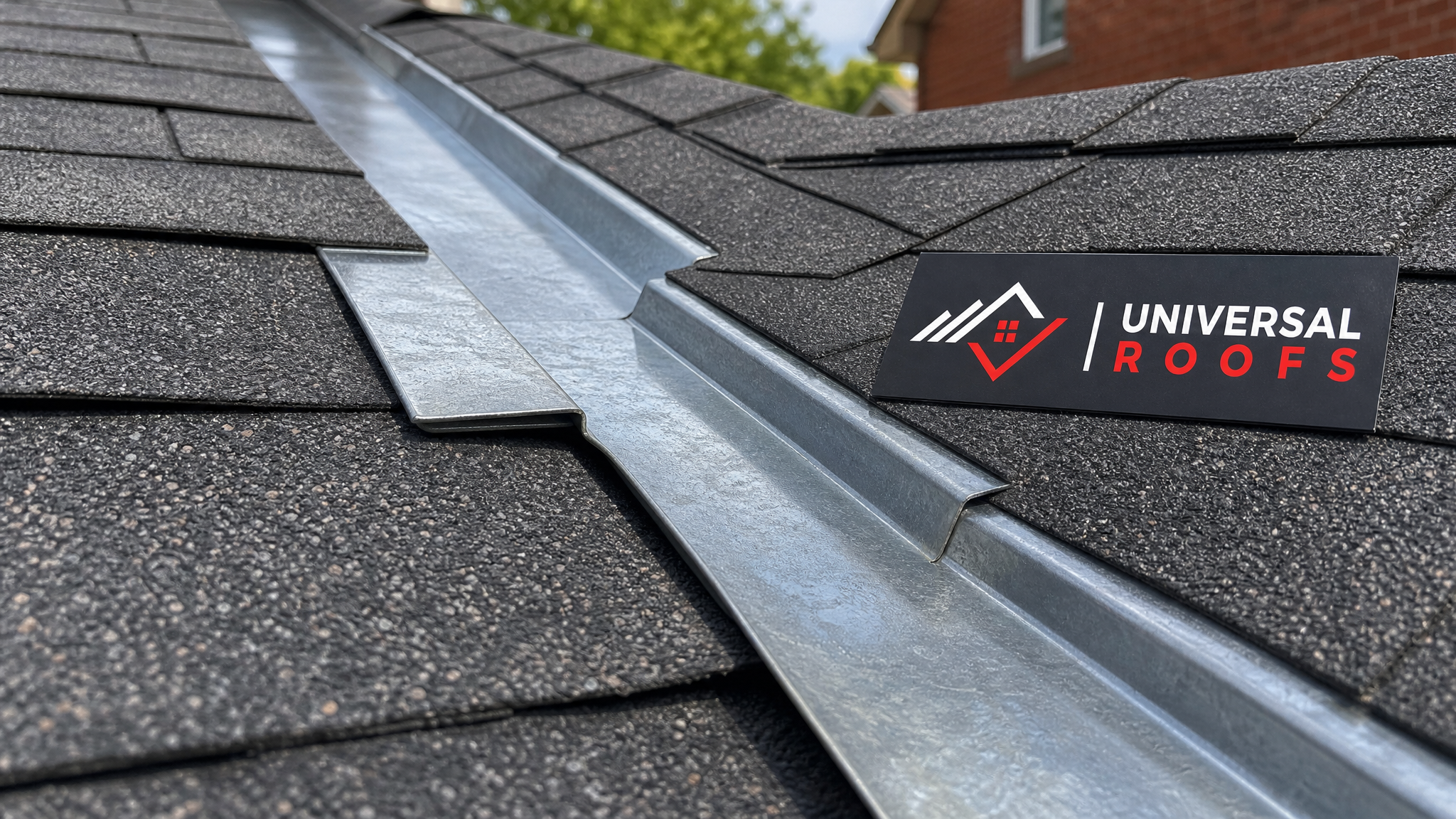 Close-up detail of new step flashing overlapping shingles along a roof valley in daylight