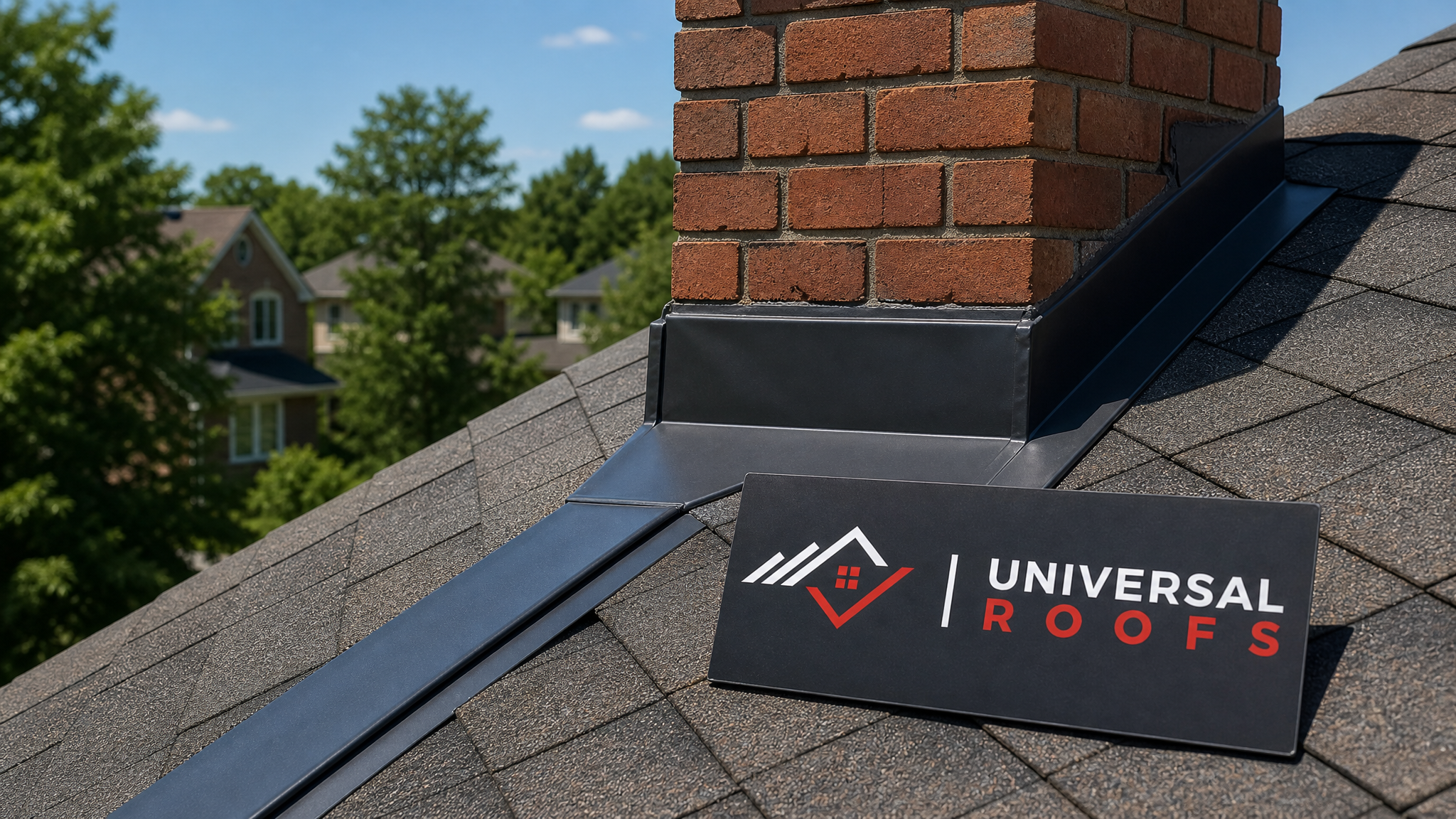 Newly repaired roof flashing along a chimney and valley on a Toronto home in summer daylight