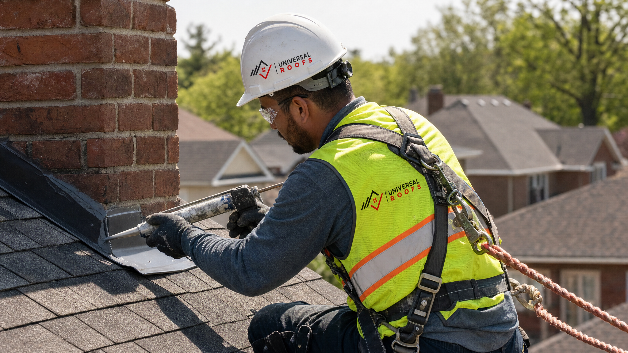 Roofing technician in full safety harness resealing chimney flashing on a residential roof in daylight