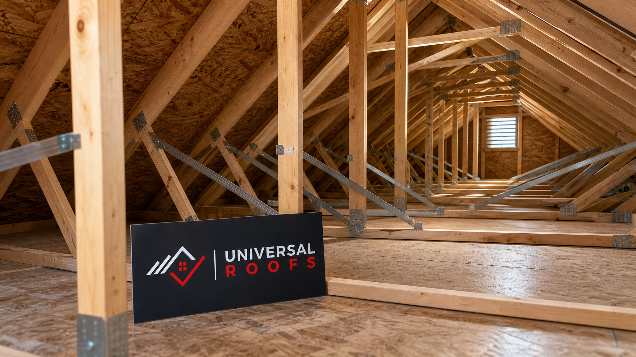 Newly reinforced roof truss system in a Toronto attic showing straight, level trusses with proper bracing and connector plates in daylight