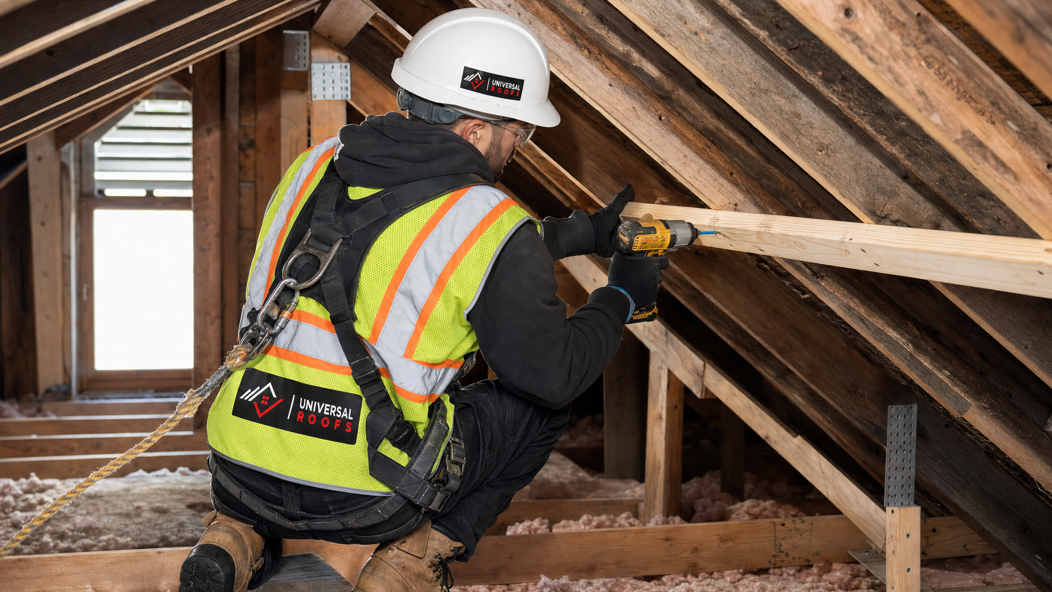 Roofing professional wearing full safety harness and PPE sistering a reinforcement beam onto a damaged roof truss chord in a Toronto attic