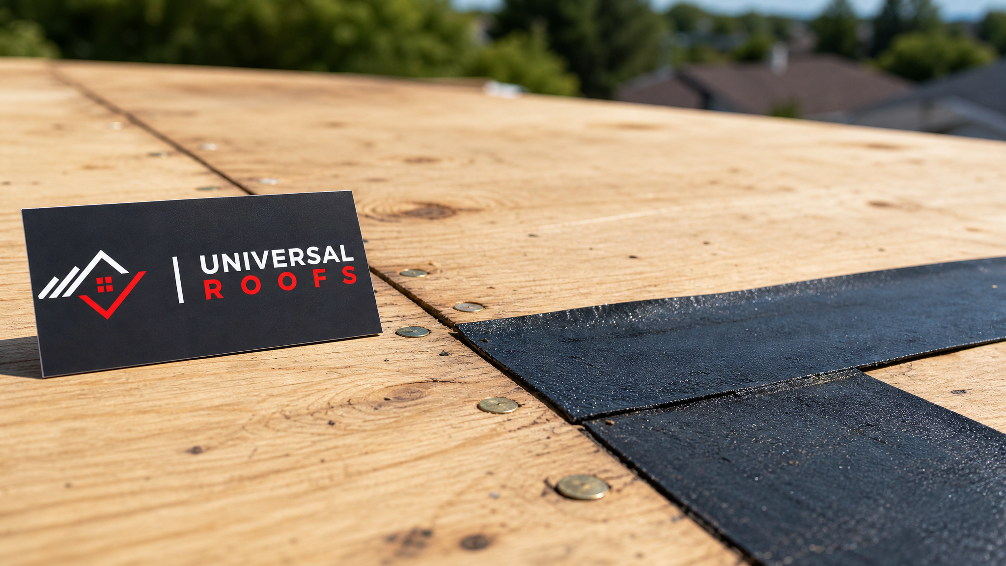 Close-up of new plywood roof deck seam with proper fastener spacing and ice-and-water membrane
